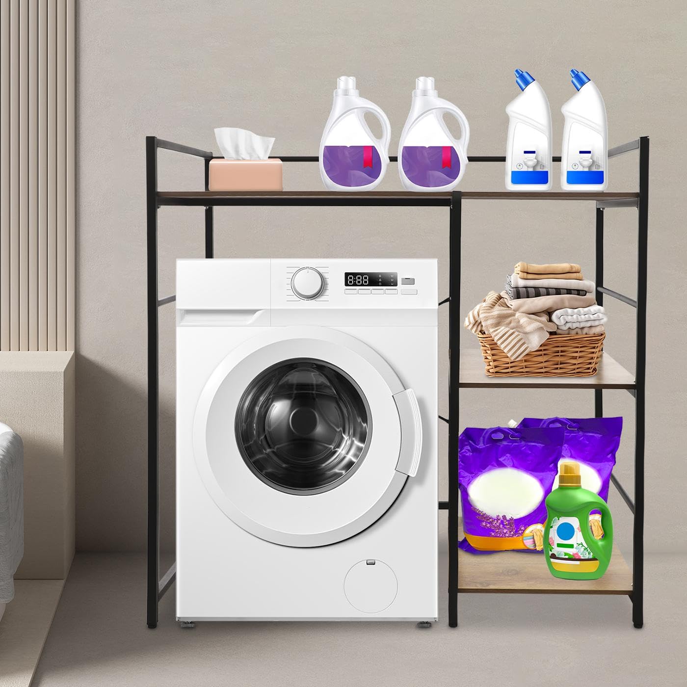 3 Tier Washing Machine Shelf, Over The Washer and Dryer Storage Shelves Space Saving Shelving Units Drying Organizer Stand with Side Racks for Laundry Room Apartment Bathroom (Black, Brown)