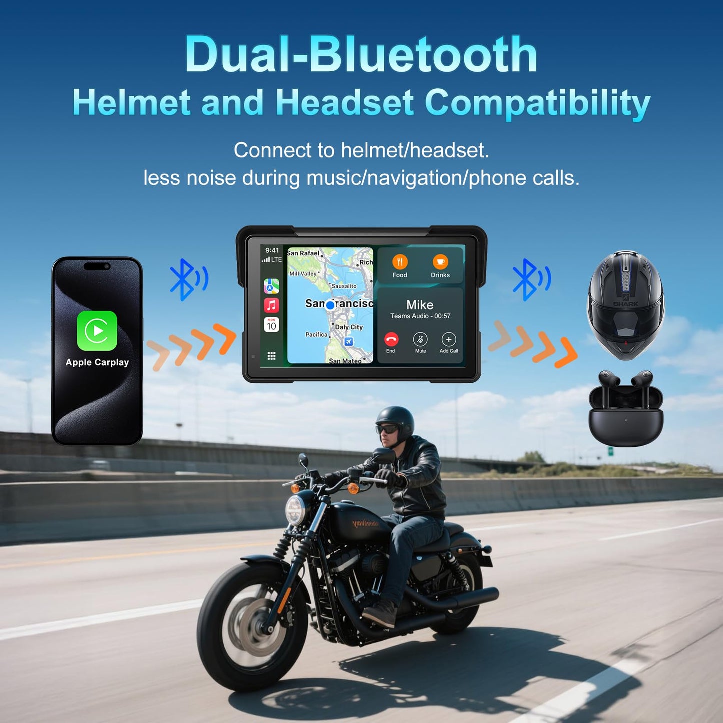 Wireless Motorcycle Apple Carplay,7 Inch Portable Motor GPS Navigation with Apple Carplay & Android Auto,Siri & Google Assistant, Anti-Glare/Bluetooth 5.2/ Voice Control/ IP69K Waterproof Touchscreen