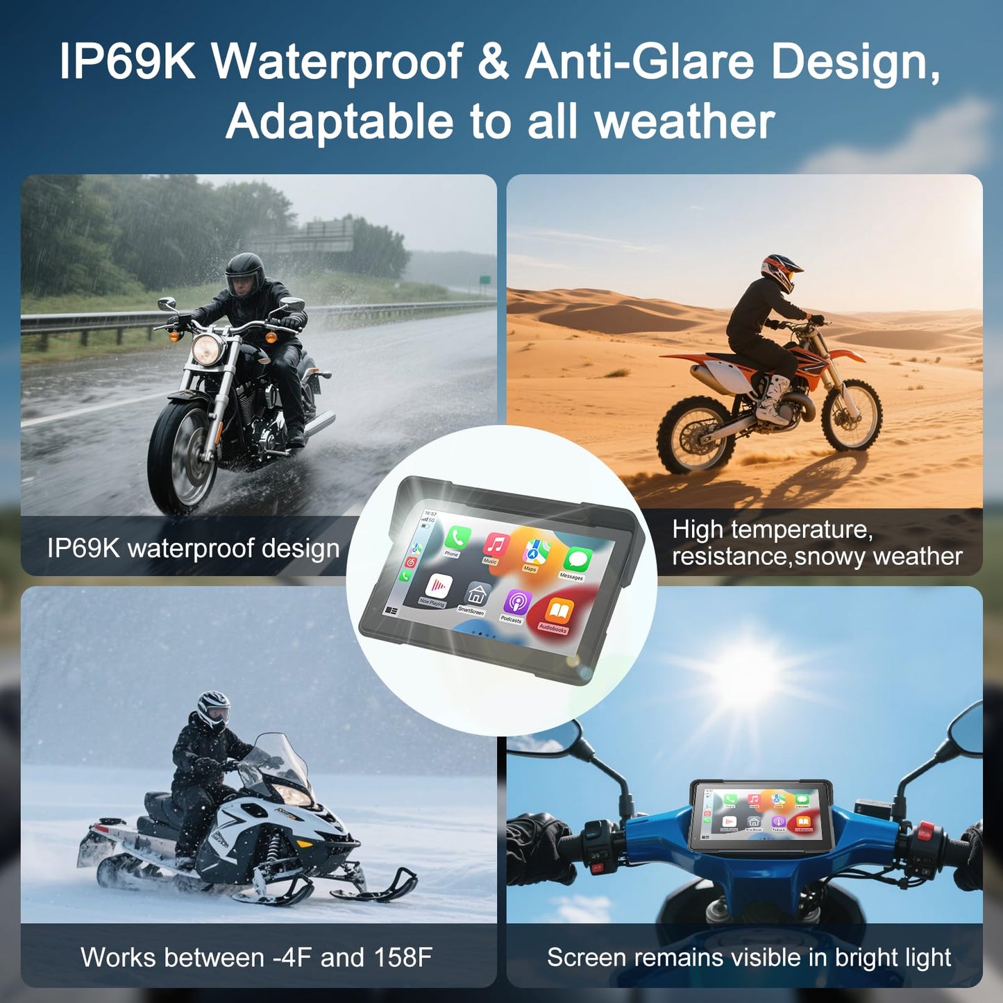 Wireless Motorcycle Apple Carplay,7 Inch Portable Motor GPS Navigation with Apple Carplay & Android Auto,Siri & Google Assistant, Anti-Glare/Bluetooth 5.2/ Voice Control/ IP69K Waterproof Touchscreen