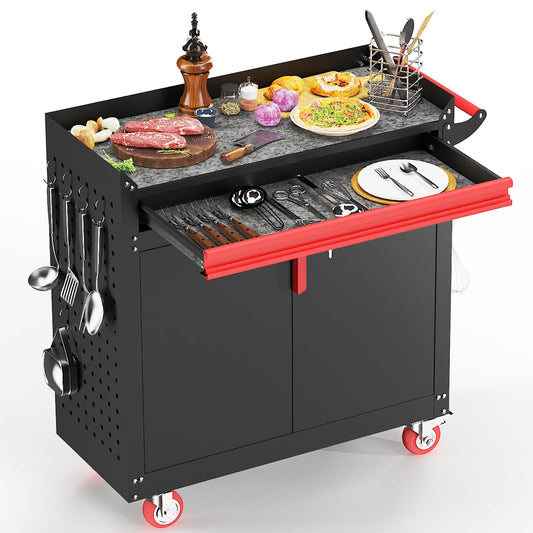 Eltean Metal Grill Cart - Outdoor Grill Cart with Storage,Grill Table with Wheels,Outdoor Bar Cart with Adjustable Shelf for Kitchen Prep and Patio BBQ