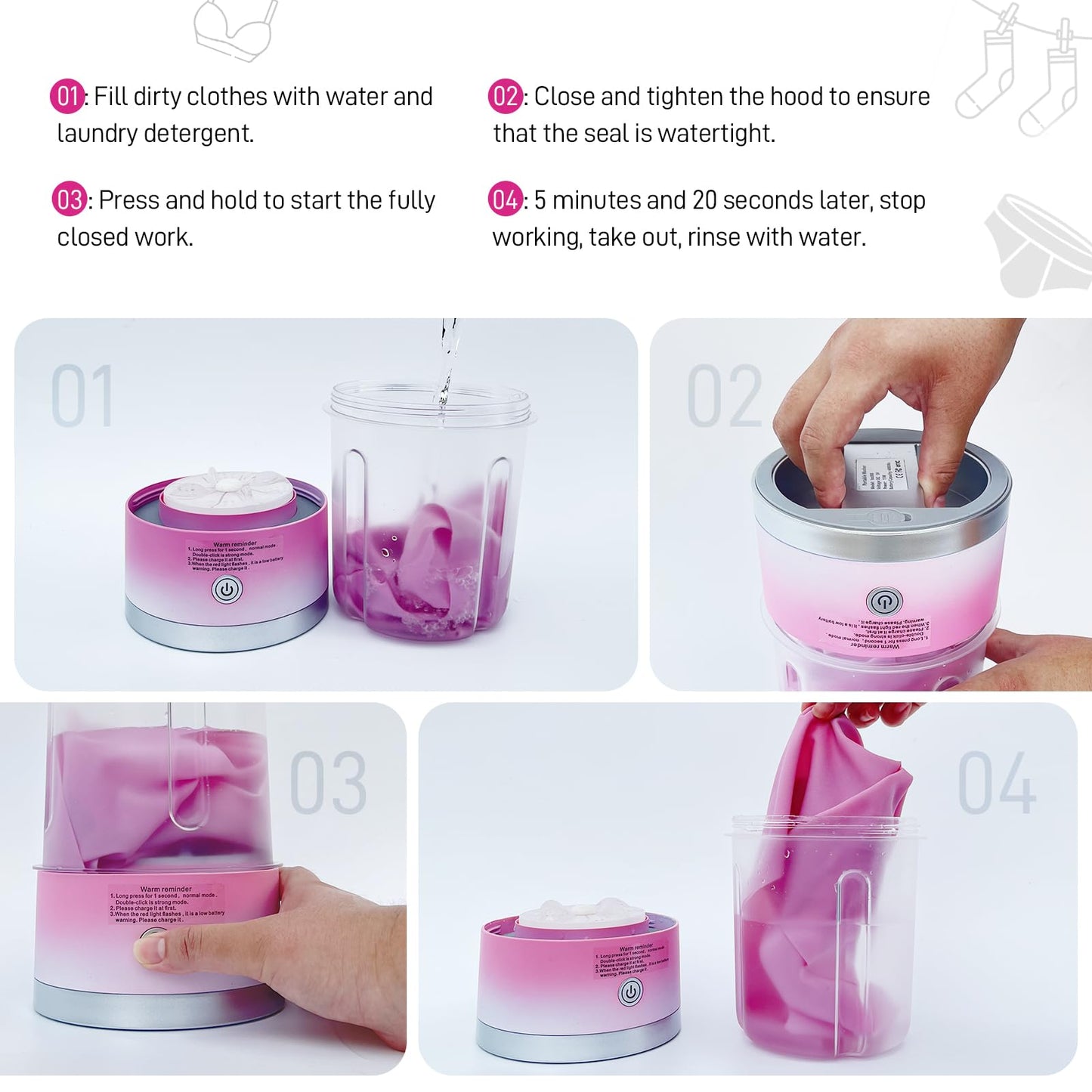 Underwear Washing Machine, Portable Mini Washing Machine | Compact Deep Cleans Underwear, Baby Clothes, Small Laundry | Lightweight for Apartment, Dorm, Hotel, Travel & Camping(Pink)