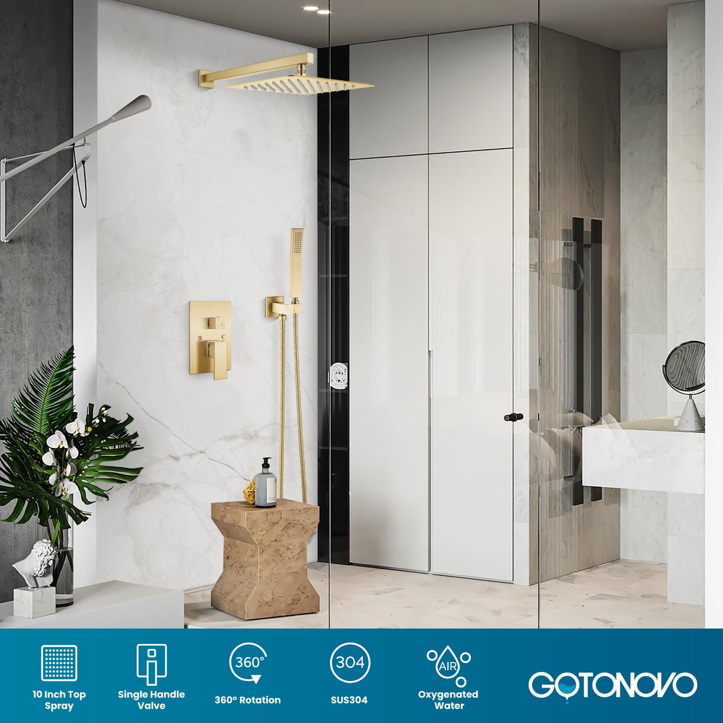 gotonovo Rainfall Bathroom Shower System Rain Shower Head and Handle Set Wall Mounted Shower Complete Combo Solid Brass Pressure Balancing Shower Mixer Valve 10 Inch Brushed Gold