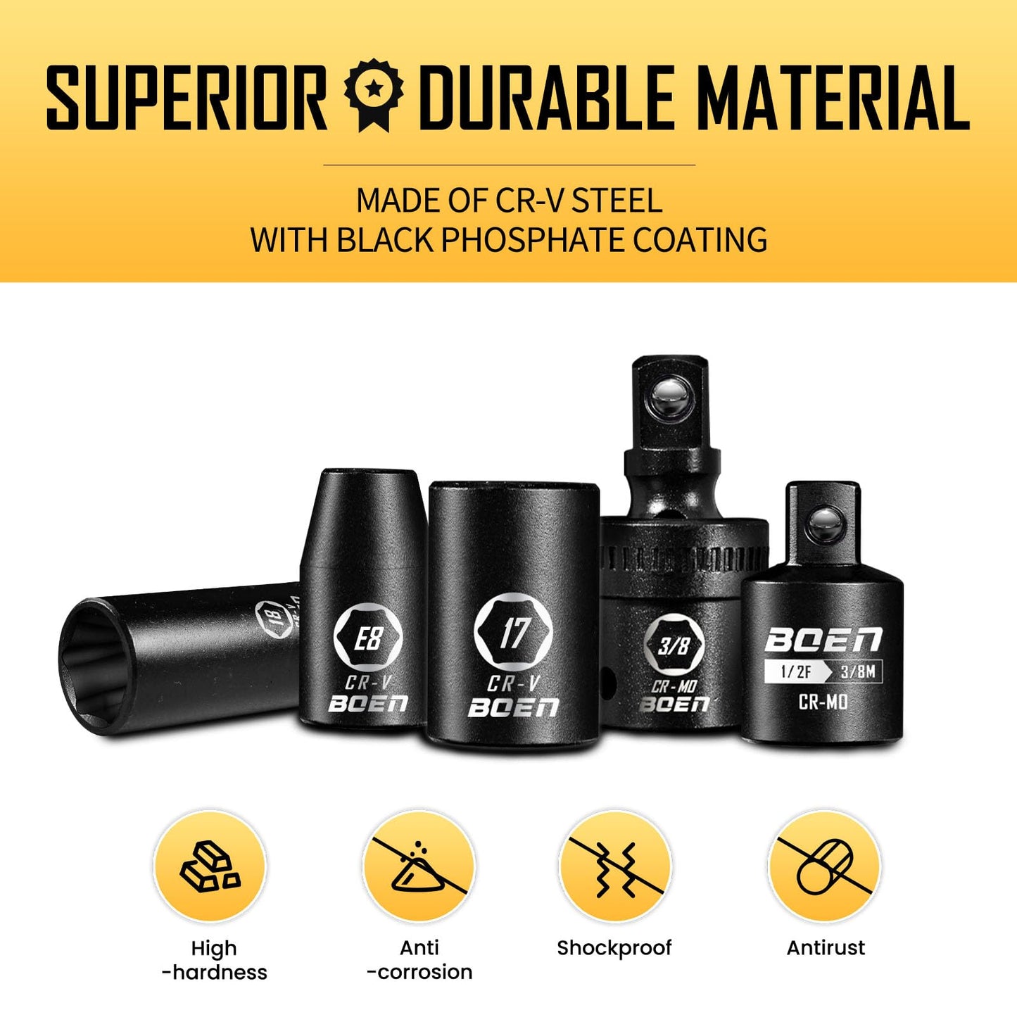 BOEN 3/8" Drive Impact Socket Set, 59-Piece Standard SAE (5/16 to 3/4 inch) and Metric (6-22mm), Include 9-Piece E-Torx Socket Set (E5-E16) 丨Ratchet Handle, Extension Bar, Universal Joint, Adapter