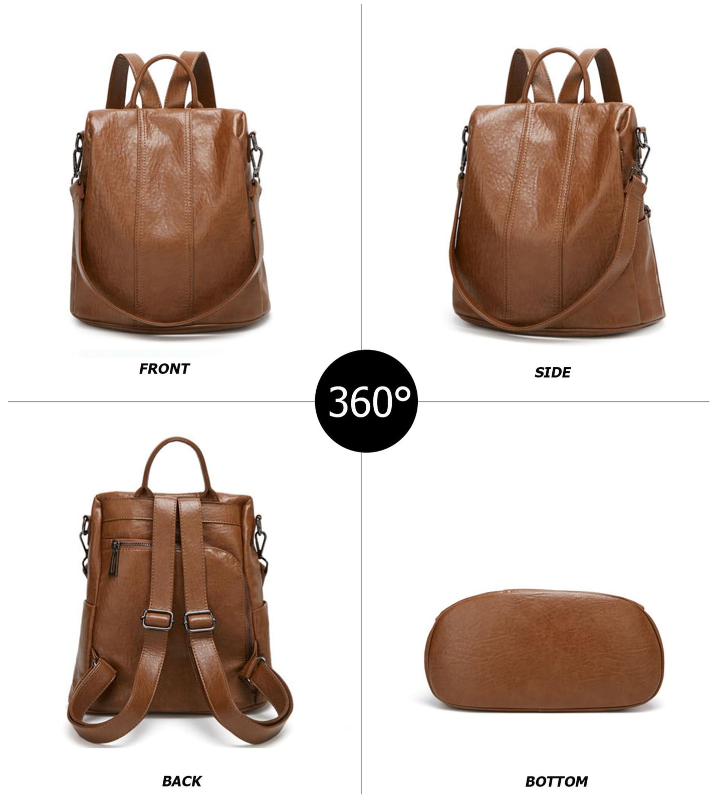 myfriday Vintage Leather Backpack for Women, Soft Rucksack Backpack with Anti-Theft Pocket Convertible Shoulder Handbag (Brown)