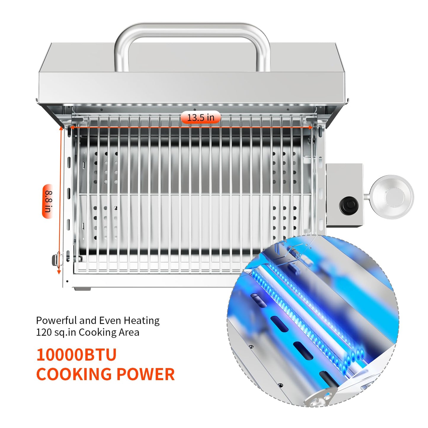 Byacgrill Portable Gas Grill Tabletop, Burner Stainless Steel Propane Grill with Folding Legs & Locking Lid for Camping, Tailgating, Outdoor BBQ 10,000 BTU