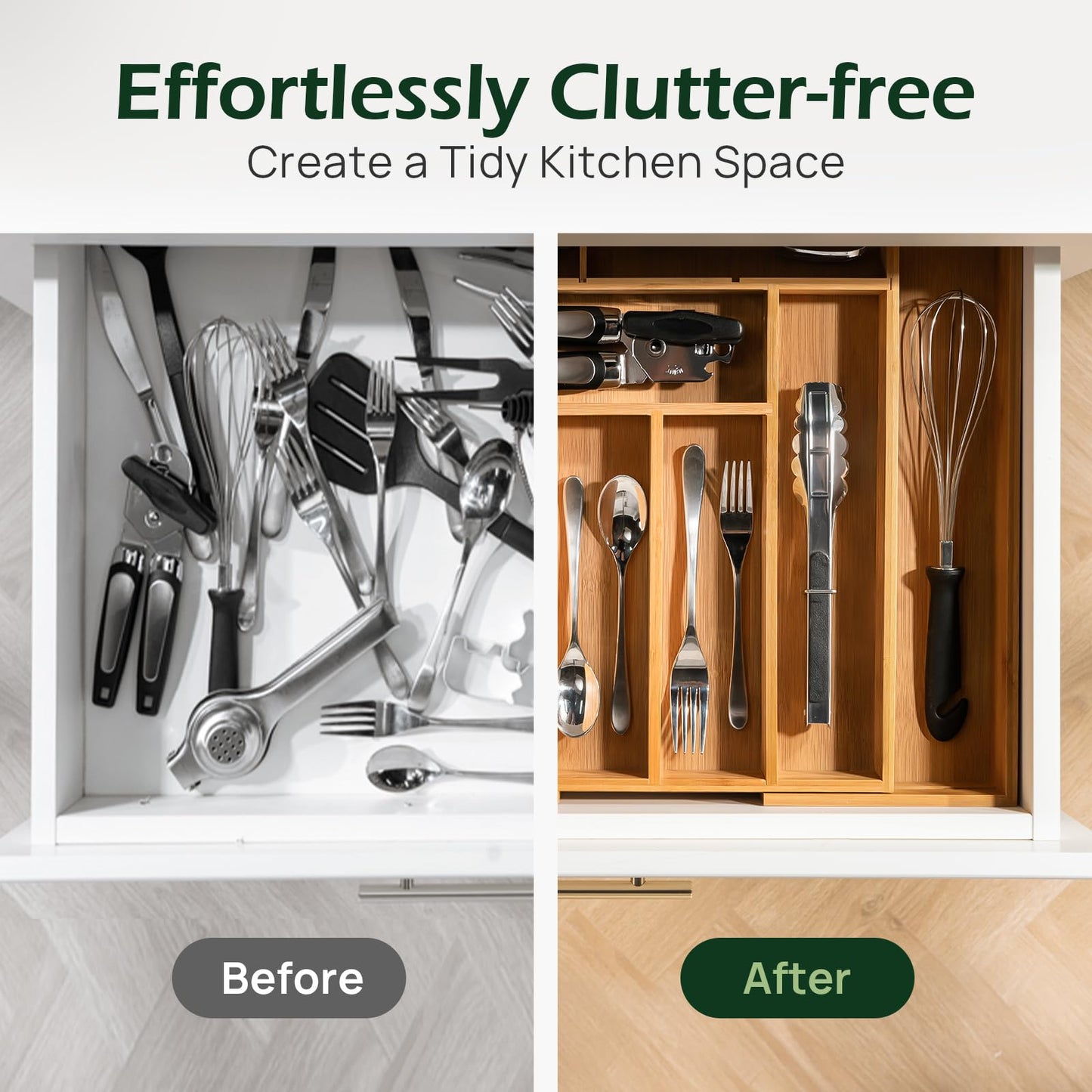 keechee Carbonized Bamboo Kitchen Drawer Organizer, 8-10 Slots Expandable Silverware Organizer, Utensil Holder & Cutlery Tray, 2.2" Deep for Extra Capacity, Non-Slip Feet Included.