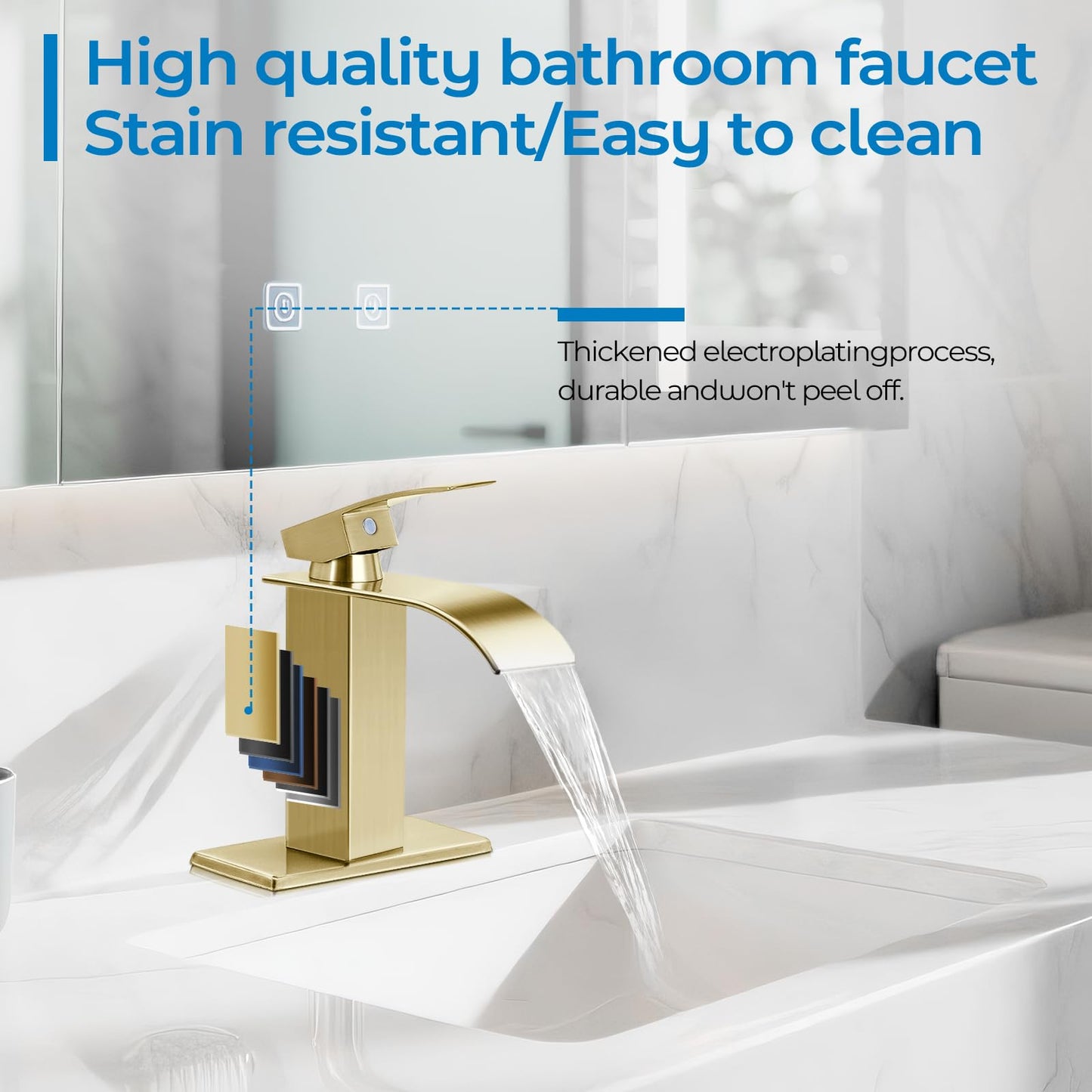 RNDIOZD Brushed Gold Bathroom Faucets, Waterfall Bathroom Sink Faucet Modern Single Handle Bathroom Faucte 1 or 3 Hole, RV Mixer Tap Vanity Faucet - Includes Pop-up Drain Supply Hoses Deck Plate