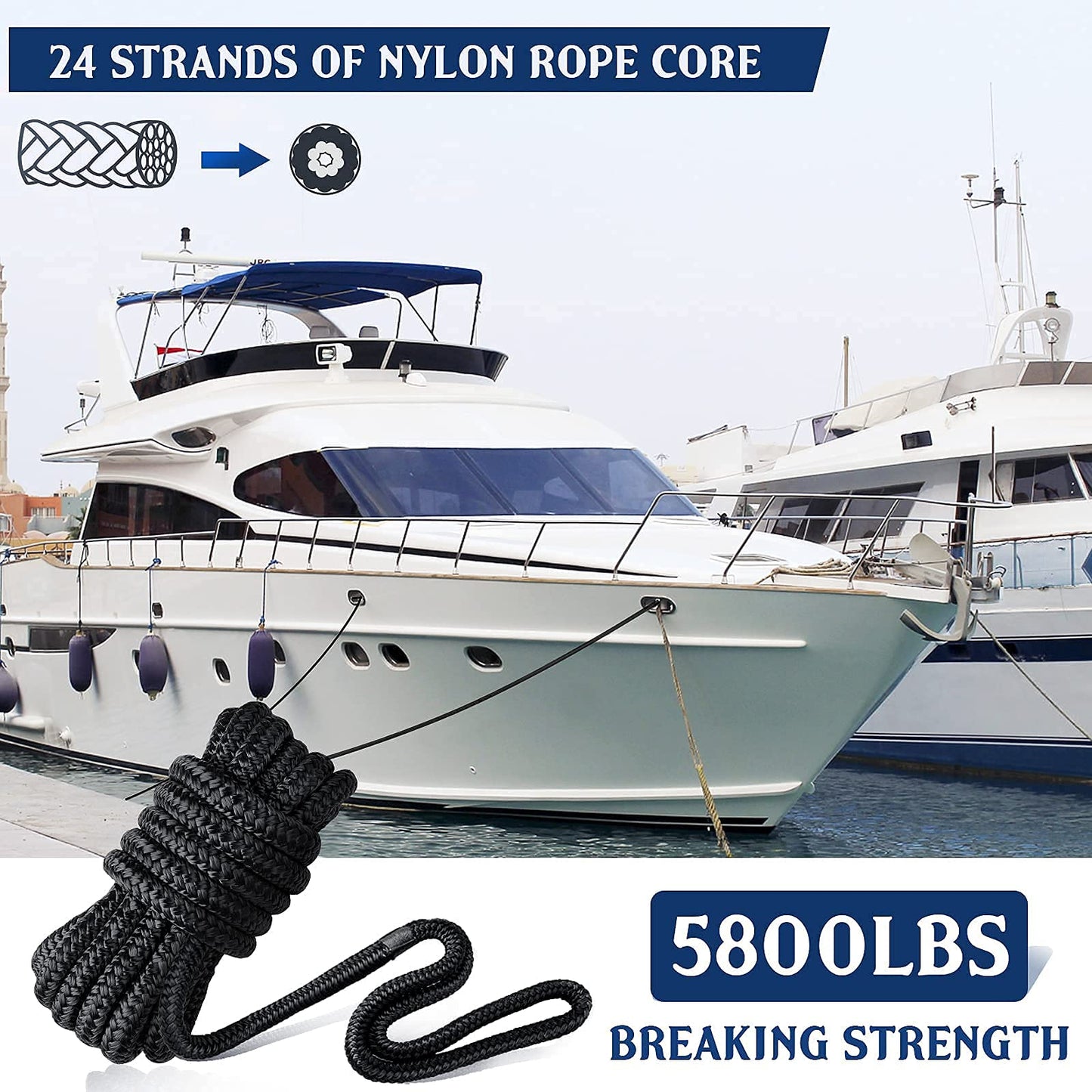Dock Lines & Ropes Boat Accessories - 4 Pack 3/8" x 15' Double Braided Nylon Dock Lines with 12” Loop Excellent 5800 lbs Breaking Strength Marine Rope for Kayak Pontoon Boats up to 30ft Boating Gifts