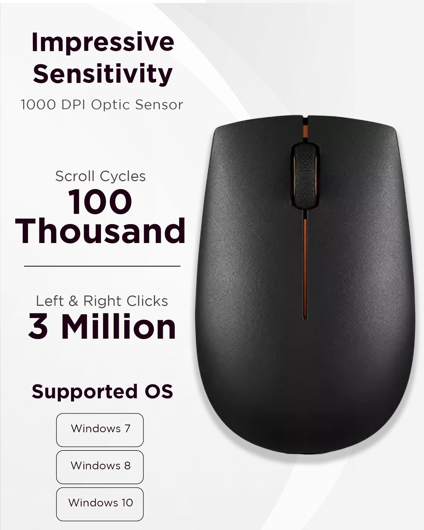 Lenovo 300 Wireless Mouse – Computer Mouse for PC, Laptop with Windows – Ambidextrous Design – 2.4 GHz Nano USB Receiver – 12 Month Battery Life