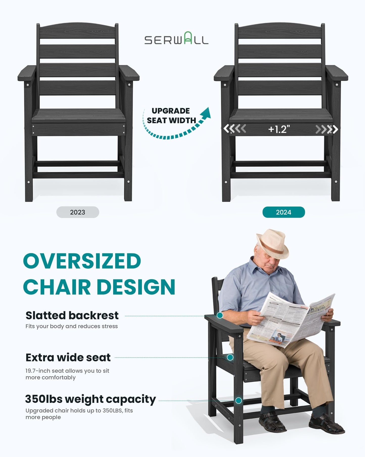 SERWALL 8-Piece Patio Dining Sets with 15FT Double Side Patio Umbrella, Outdoor HDPE Dining Furniture Set with Umbrella Hole Cut-Out Table and 6 Chairs, Black（Umbreall Base not Included）