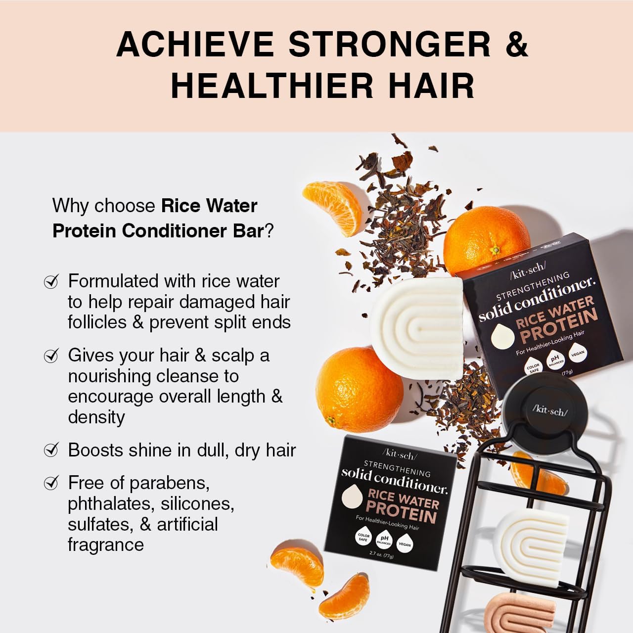 Kitsch Rice Water Shampoo & Conditioner Set - Solid Shampoo & Conditioner Bar with Protein for Strengthening Hair & Damage Repair - Paraben, Sulfate and Silicone Free - Nourishing Hair Care - 2 pack