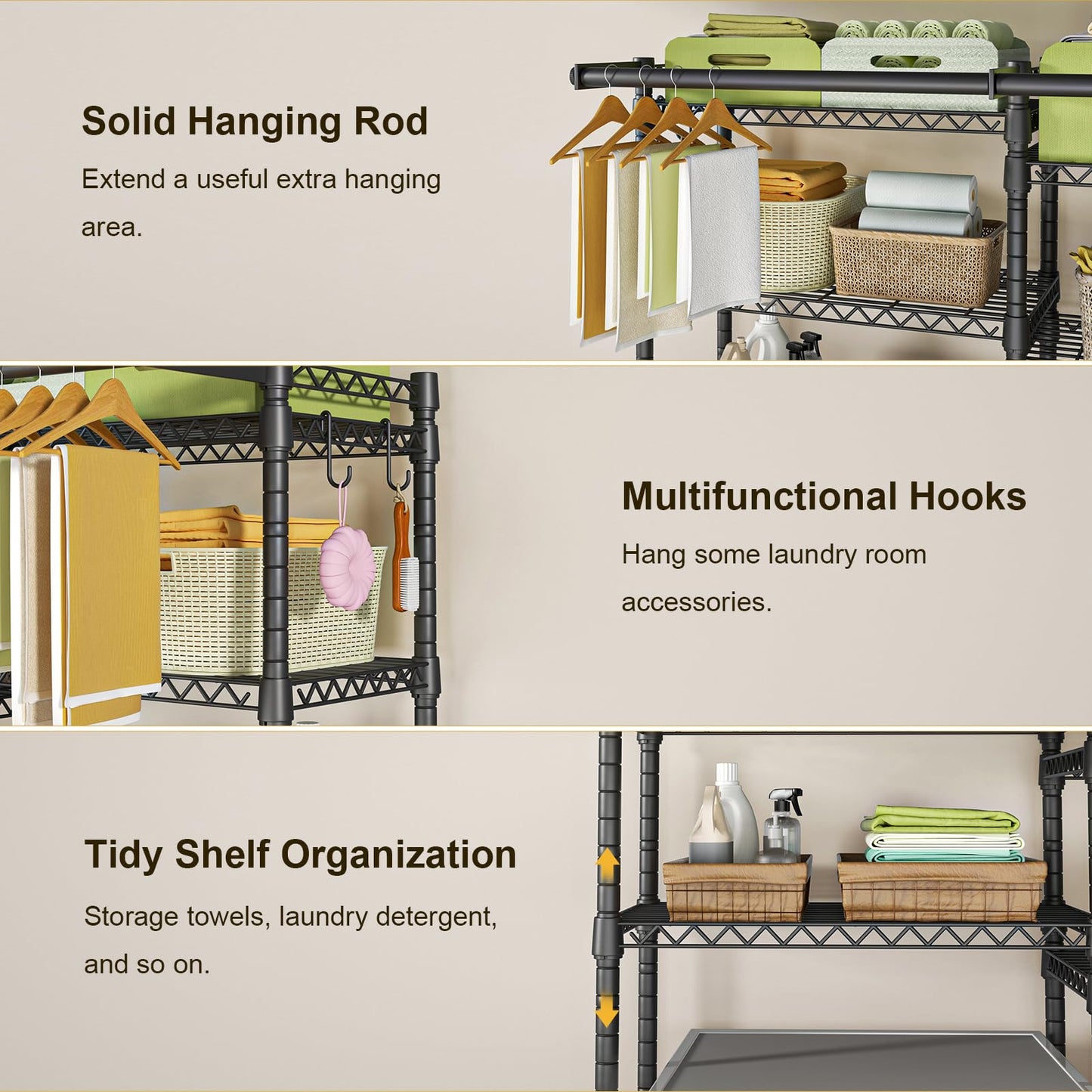 Ulif U13 Medium Over Washer and Dryer Storage Shelves, 6 Tiers Laundry Room Standing Shelf with 2 Hanger Rods, Space Saver Clothes Drying Rack, 57.8" W x 22" D x 77.4" H, Black