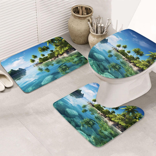 Beautiful Island In The Sea Bathroom Rug Set - 3 Piece Non Slip Shower Mats With U-Shaped Contour Toilet Mat, Absorbent Microfiber Bath Mats Washable Bathroom Floor Mats For Tub Shower Room Decor