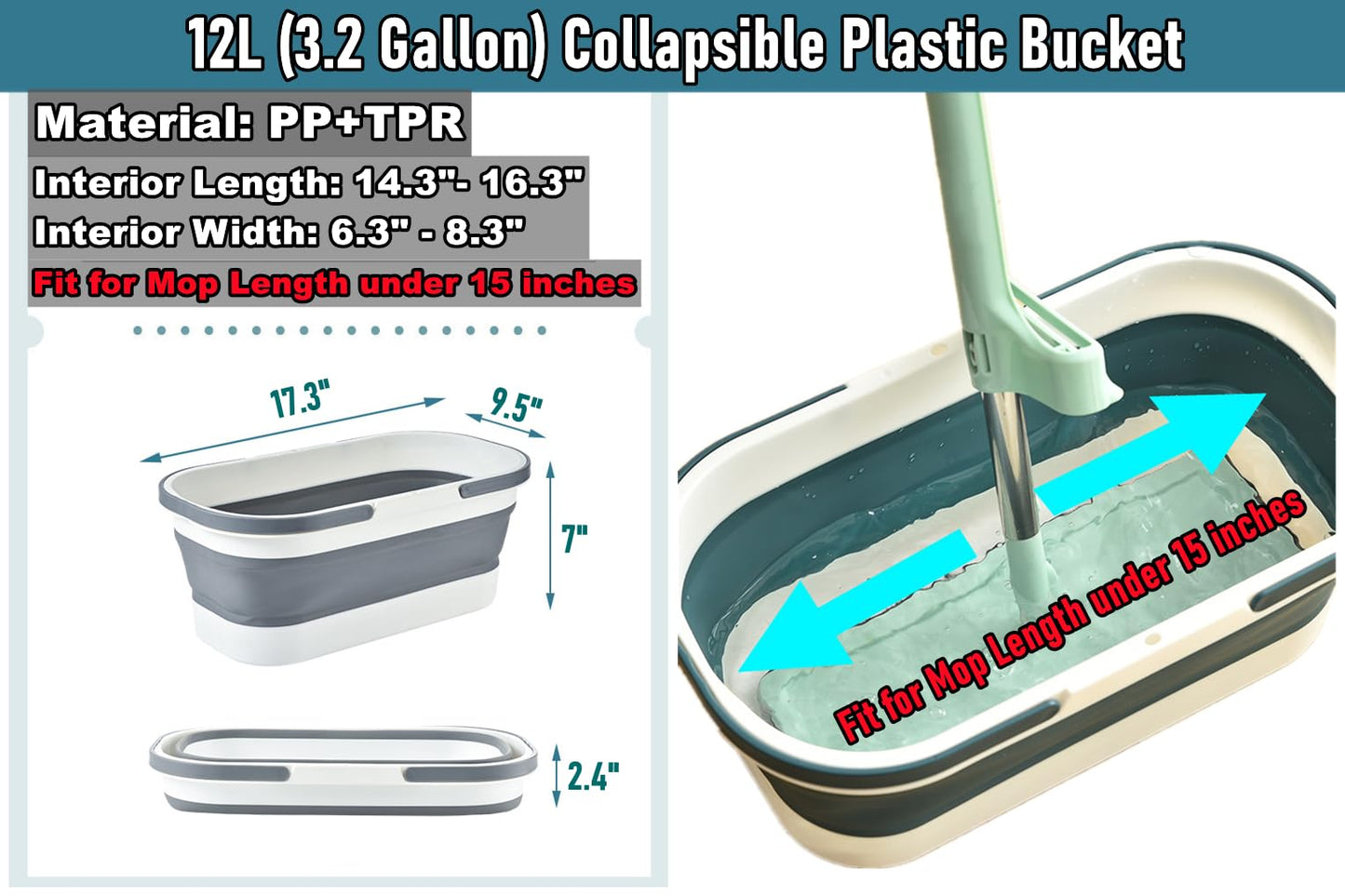 Collapsible Mop Bucket Basin Tub with Handle and Wheels, 12L (3.2 Gallon) Foldable Small Plastic Container for Household Cleaning, Car Washing, Portable Basket Bin Tool for Storage Organizer, Grey