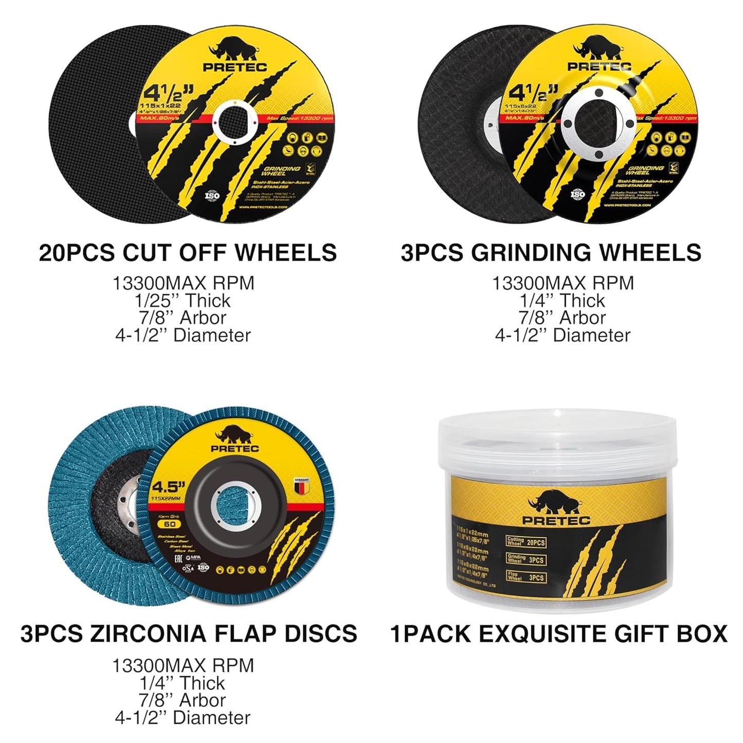 PRETEC 26 Packs Angle Grinder Cutting Flap Grinding Disc Wheel 4 1/2in Inches - 20 Packs 4.5"x1/4"x7/8" Cut off Wheels,3 Packs 4.5"x7/8" 60 Grit Flap Discs, 3 Packs 4.5"x1/25"x7/8" Grinding Wheels