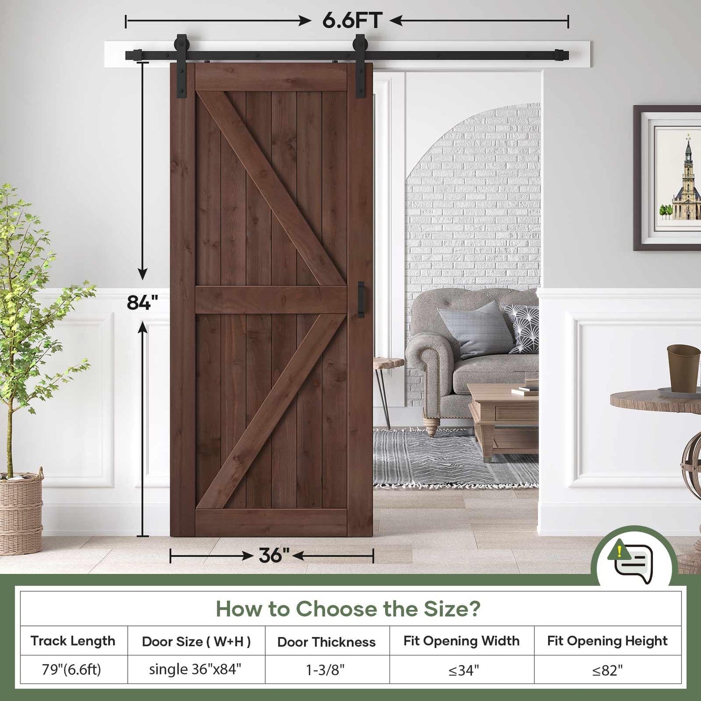 ROYMELO 36x84 inch Sliding Barn Wood Door Slab with 6.6ft Hardware Kit and Handle, Coffee, K Shape, Simple DIY Assembly