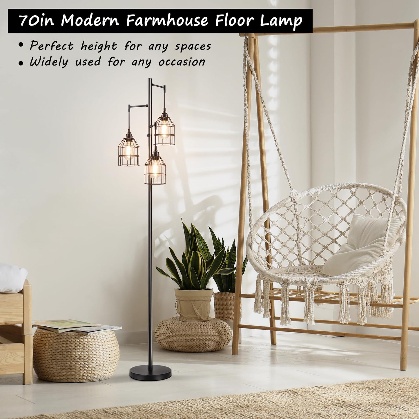 Sucolite 70" Dimmable Floor Lamp for Living Room, Industrial 3-Light Tree Floor Lamp Black with Cages, Farmhouse Rustic Tall Standing Lamp Floor Lighting for Bedroom Office, 3 Free LED Edison Bulbs