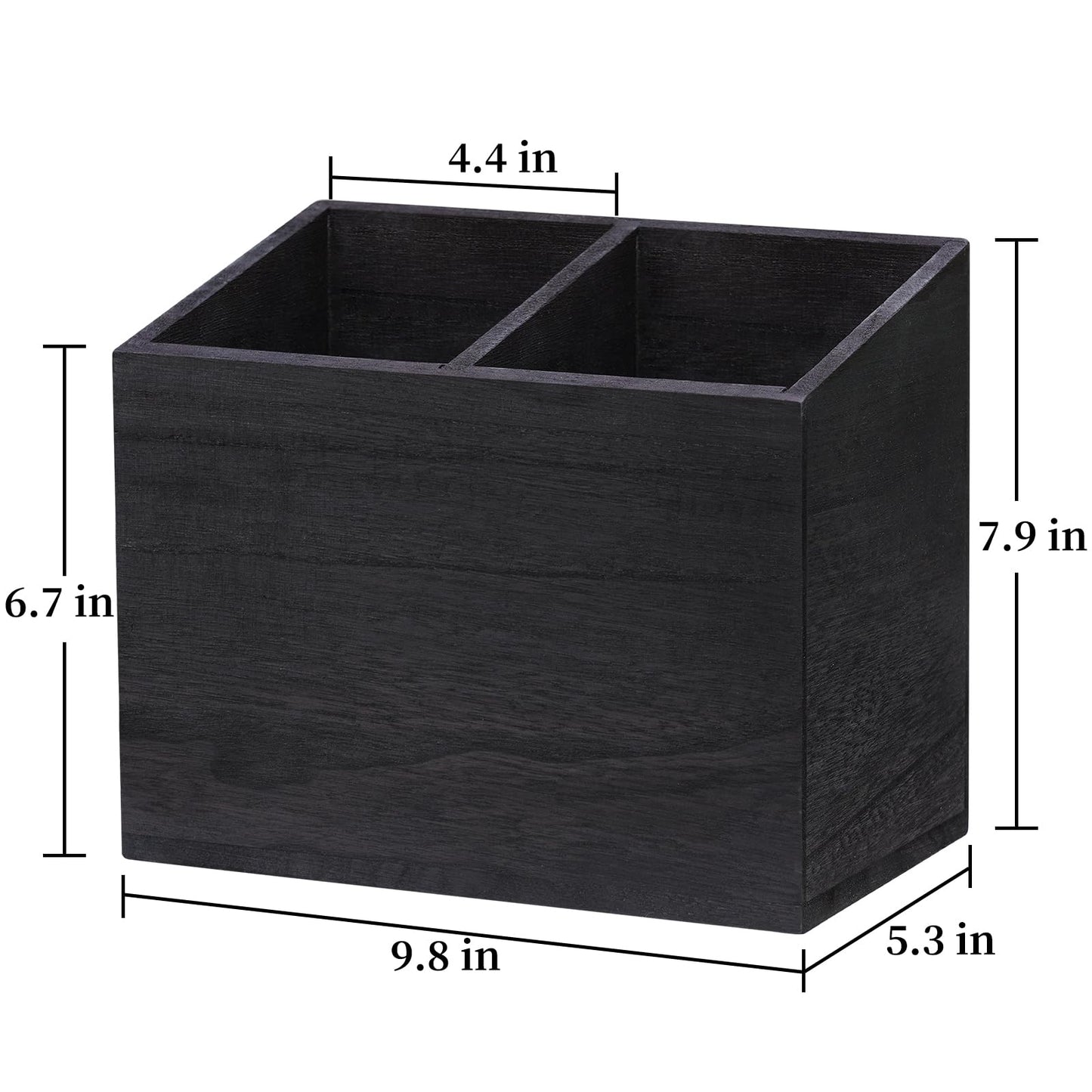 Wooden Kitchen Utensil Caddy With 2 Compartments, Rustic Utensil Holder for Kitchen Countertop, Wood Utensil Crock Organizer Box for Farmhouse Kitchen Decor (black)