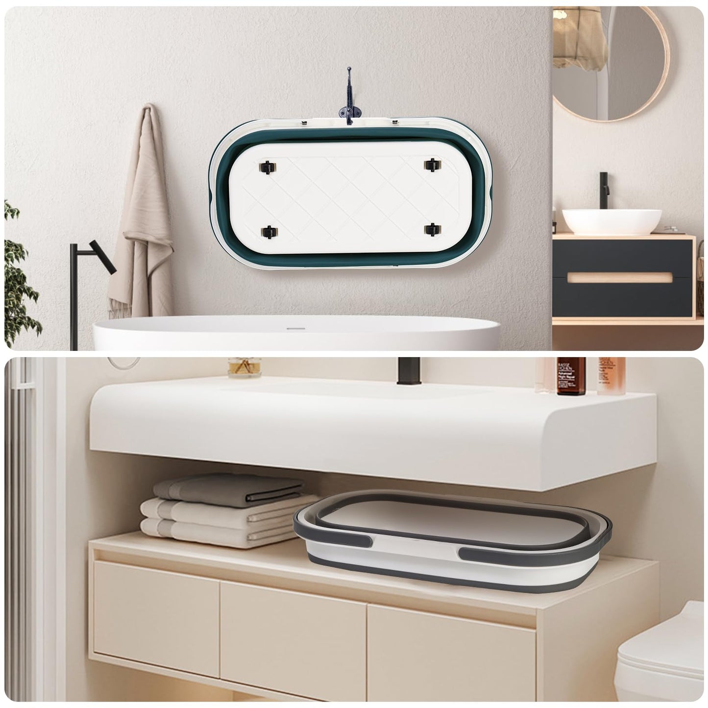 Yesland 2 Pack Collapsible Plastic Bucket with Wheels, 12L (3.17 Gallon) Foldable Rectangular Mop Bucket, Portable Water Pail with Handle for House Cleaning, Car Washing, Fishing, Camping, Gray & Blue