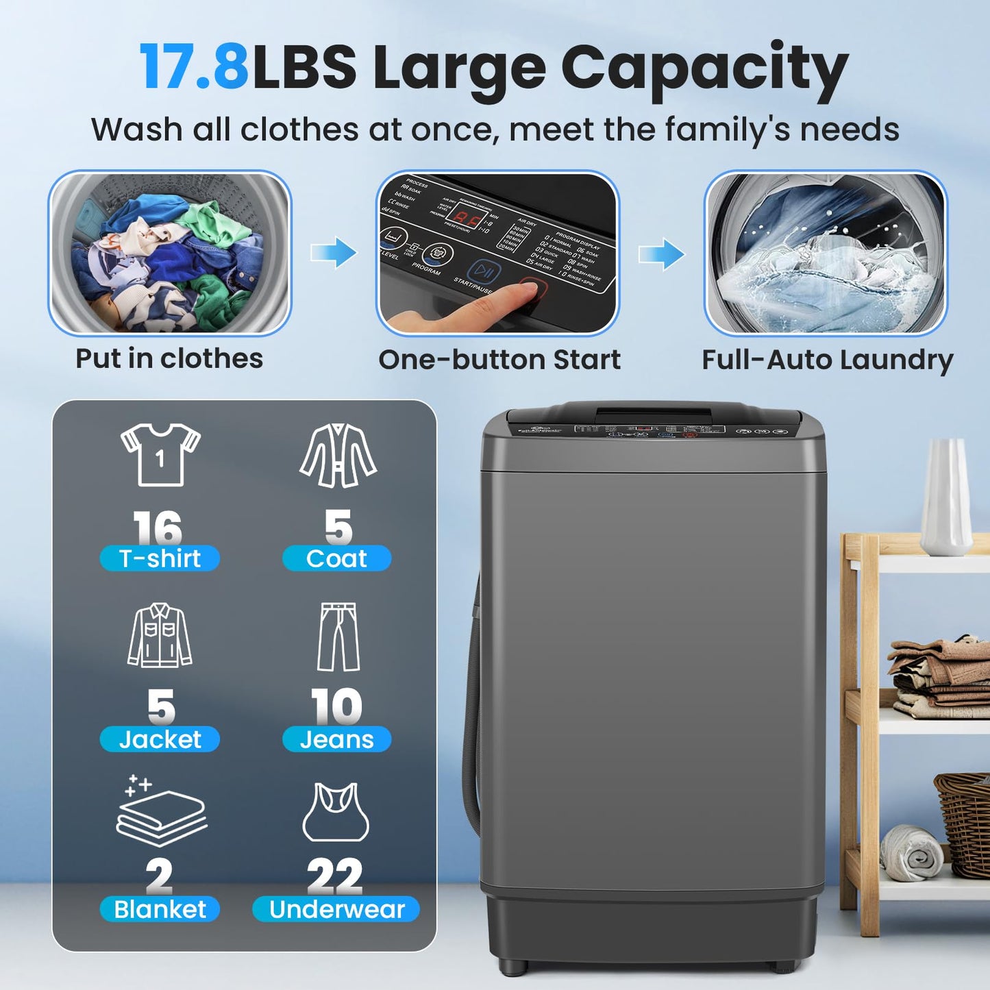 Nictemaw 17.8Lbs Portable Washing Machine, 2.4Cu.ft Full Automatic Portable Washer with 10 Wash Programs, 8 Water Levels & Drain Pump, Compact Laundry Washer for Home, RV, Dorm