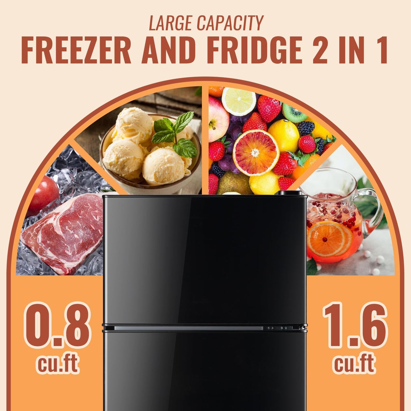 DEMULLER 2.4 Cu.ft Mini Fridge with Double Doors Small Refrigerator with Separate Freezer & 7 Adjustable Temperature Control, Tiny Size & Personal Fridge Ideal for Office Apartment Dorm Black