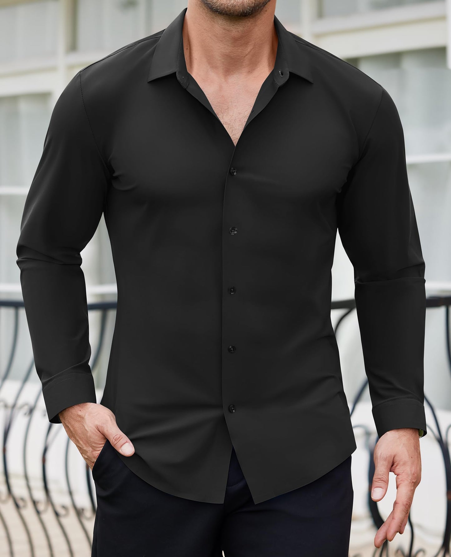 Lion Nardo Stretch Mens Dress Shirts Slim Fit Muscle Dress Shirts for Men Long Sleeve Wrinkle Free Button Down Shirt Black