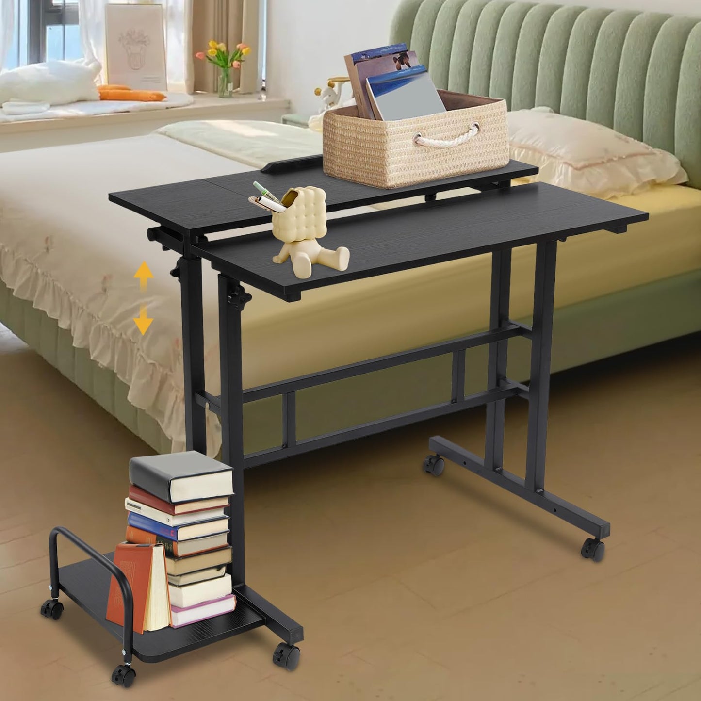 Ojseimchrl Adjustable Height Computer Desk, 45 Inch Small Home Office Desk, Multi Functional Foldable Desk with Foldable Panels for Home, Office (Black)