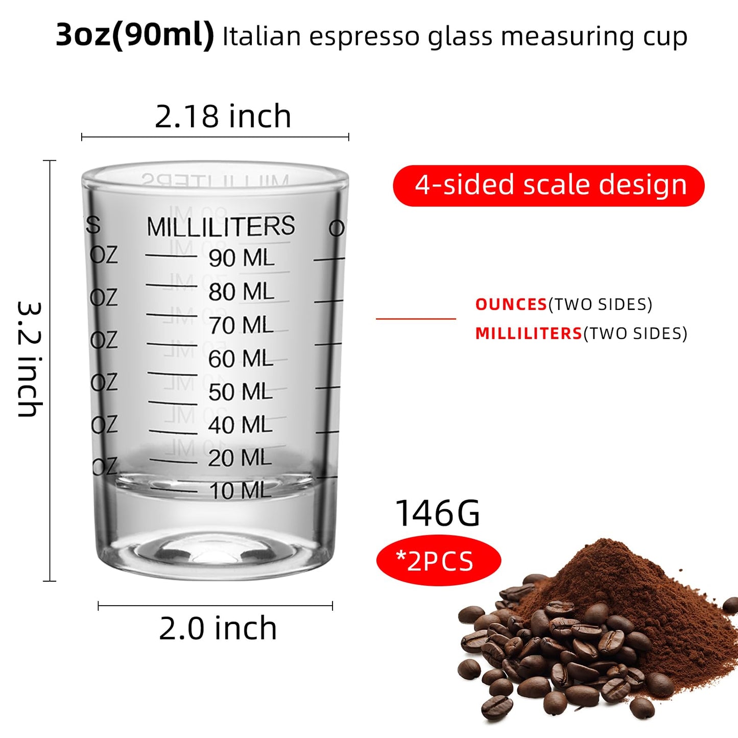 2Pcs Shot Glass Measuring Cup 3 Ounce/90ML Liquid Heavy High Espresso Glass Cup Black Line Espresso Shot Glass with Measurement (2)