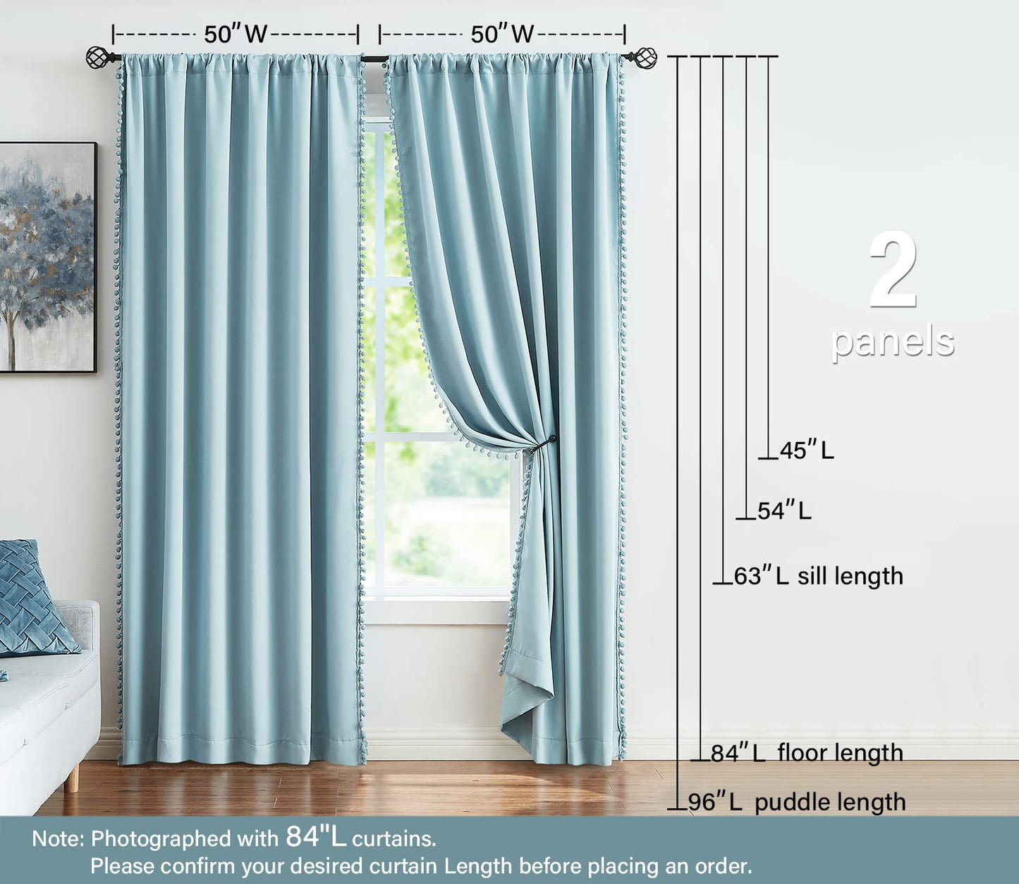 TREATMENTEX Pom-Pom Blue Curtains Living Room 84 inches Energy Efficient Thermal Insulated Room Darkening Curtain Panels for Bedroom Window Draperies Nursery Room Children 50in w x2 Panels Rod Pocket