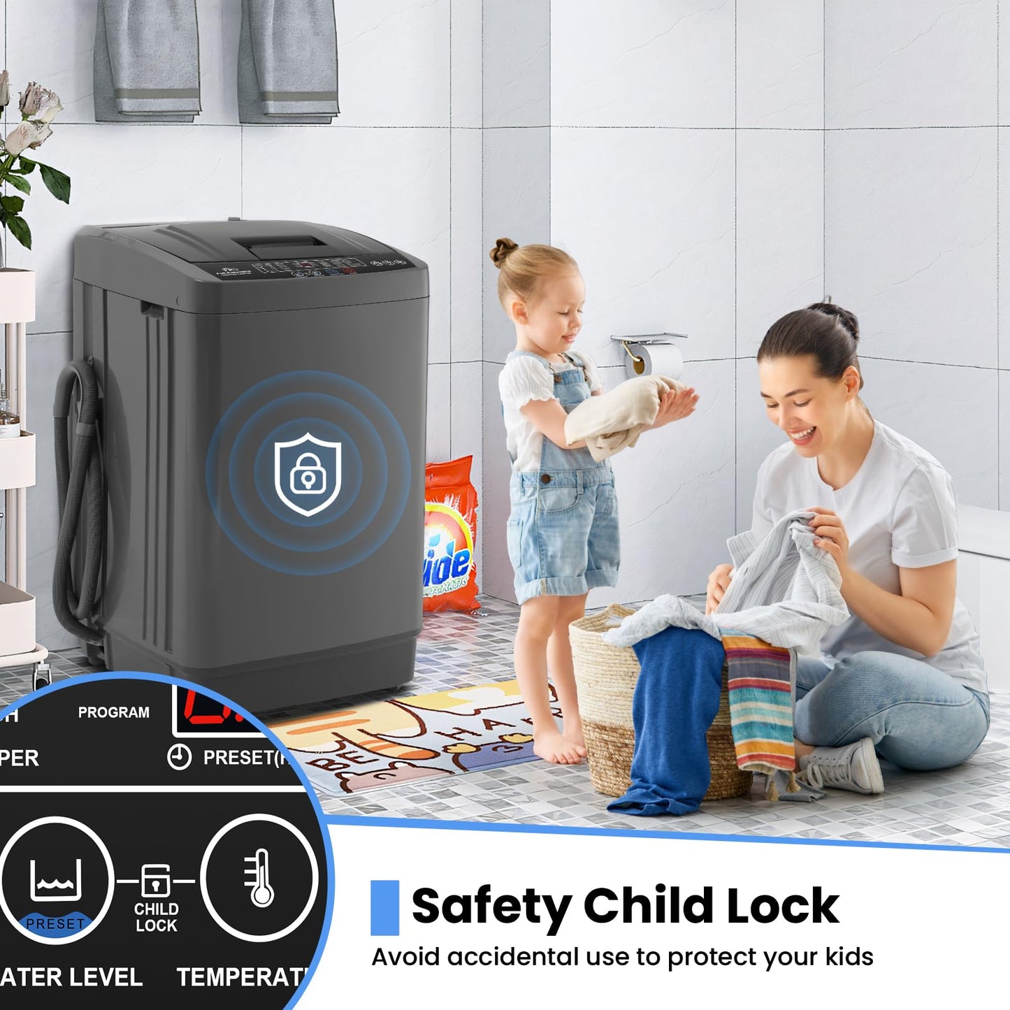 Nictemaw 17.8Lbs Portable Washing Machine, 2.4Cu.ft Full Automatic Portable Washer with 10 Wash Programs, 8 Water Levels & Drain Pump, Compact Laundry Washer for Home, RV, Dorm