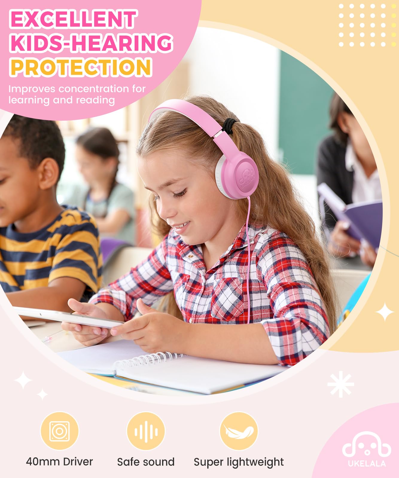 UKELALA C3 Kids Headphones Wired, On-Ear Wired Head Phones for Boys Girls with 3.5mm Jack, Foldable, Adjustable Headband, Child Headphone for School Home Airplane Tablet Pink