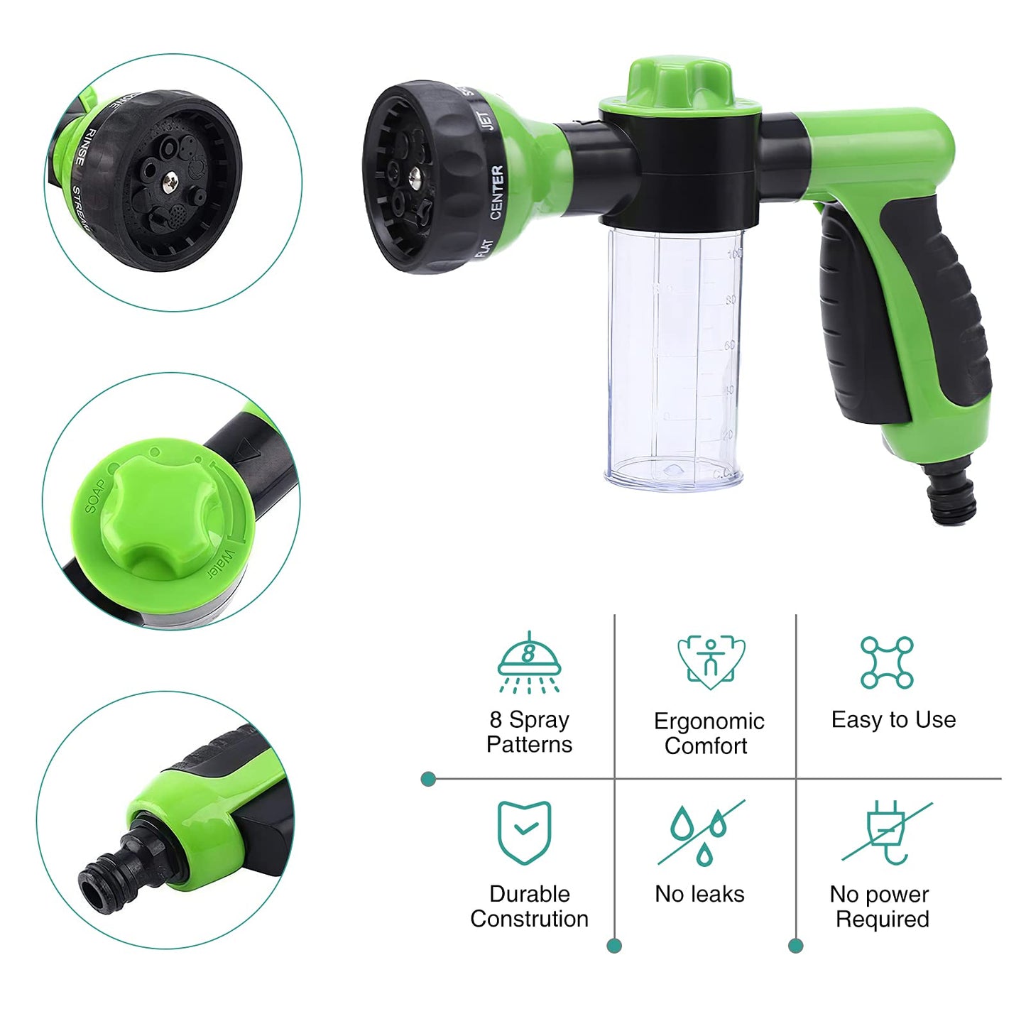 Garden Hose Nozzle, High Pressure Spray Gun Nozzle, 8 Spray Patterns for Watering Plants, Lawn, Patio, Cleaning, Showering Pet with 3.5oz/100cc Soap Dispenser Bottle