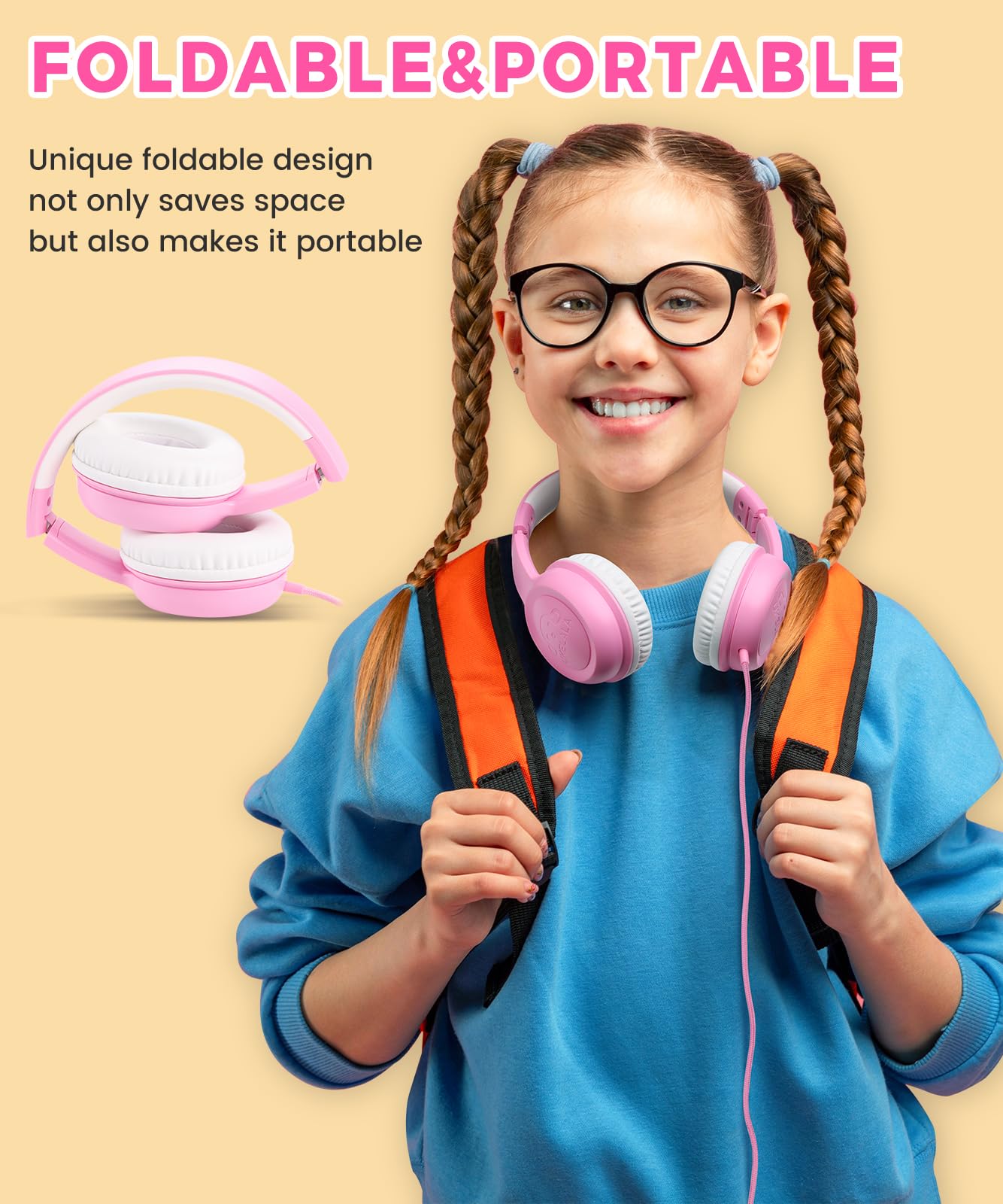 UKELALA C3 Kids Headphones Wired, On-Ear Wired Head Phones for Boys Girls with 3.5mm Jack, Foldable, Adjustable Headband, Child Headphone for School Home Airplane Tablet Pink