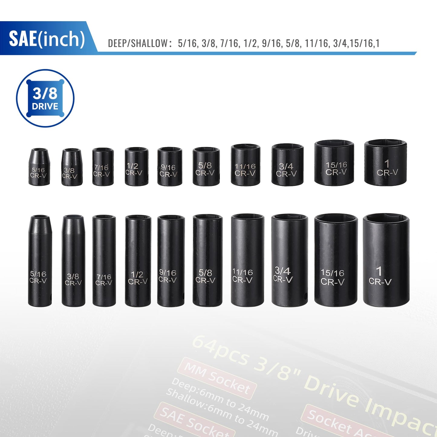 Reniteco 64-Piece 3/8" Drive Socket Set, SAE (5/16"-1") & Metric (6mm-24mm), Deep & Shallow, 72-Tooth Ratchet Wrench, Extension Bars, 1/2" F to 3/8" M Reducer, Universal Joint & Power Drill Adapter
