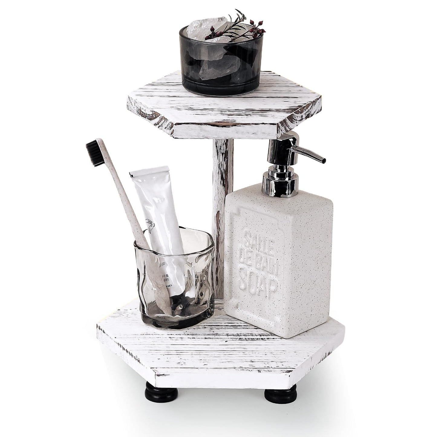 Tikea Hexagonal Wood Riser for Display, 2-Tier Wood Farmhouse Riser for Kitchen Bathroom Counter Decor, Decorative Tray for Soap Dispenser, Decorations and Plant (White)