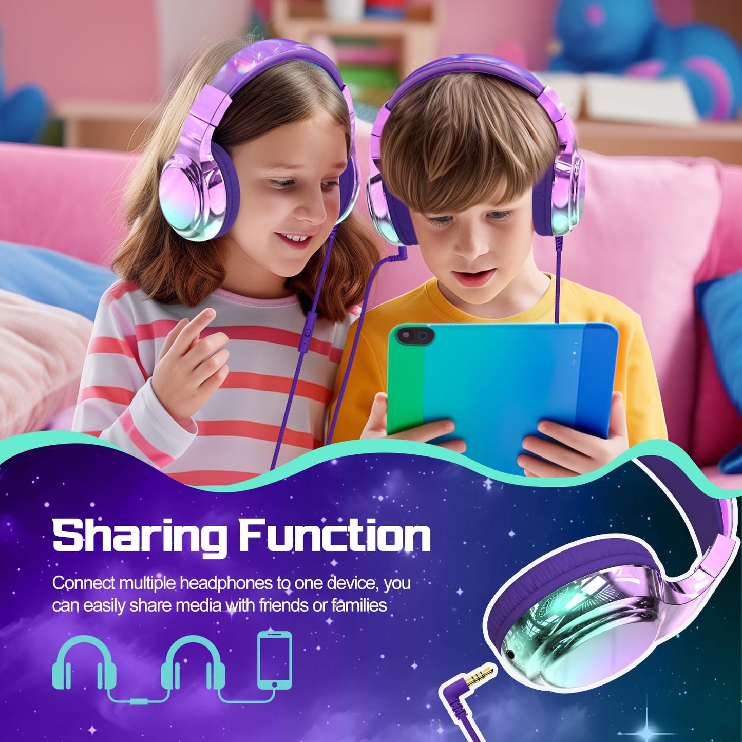 QearFun Kids Headphones Wired with 85/94dB Volume Limit, Foldable On-Ear Headset with Microphone & Audio Sharing Port for School, Travel, Tablet, iPad - for Boys & Girls