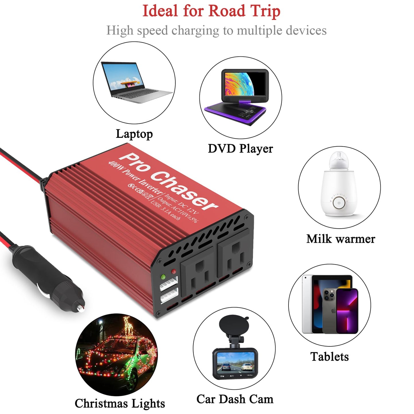 Pro Chaser 400W Power Inverters for Vehicles - DC 12v to AC 110v Car Inverter Converter, 6.2A Dual USB Charging Ports, Dual AC Adapter for Laptops Air Compressor