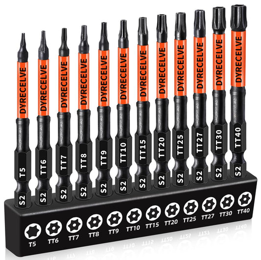 12-Pack Impact Security Torx Bit Set (T5-T40) 3-Inch Long, S2 Steel, Professional Tamper Proof Star Bits Set, with 1/4" Hex Shank, Magnetic & High Torque for Automotive/Electronics/DIY