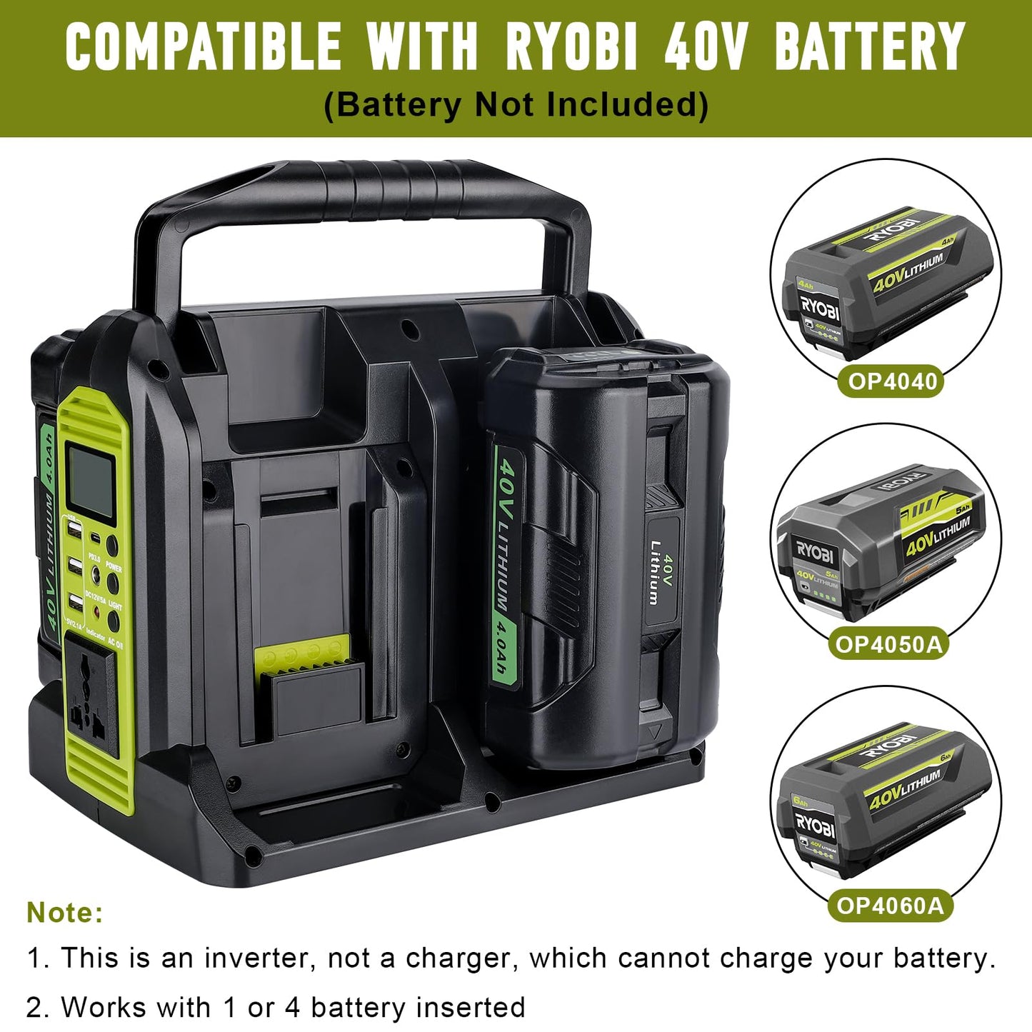 Power Inverter for Ryobi 40V Battery, 350W 4-Port Power Station DC 40V to AC 120V, Battery Converter Generators with LED Light, 6 Output Ports for RV Camping, Emergency(Battery Not Included)