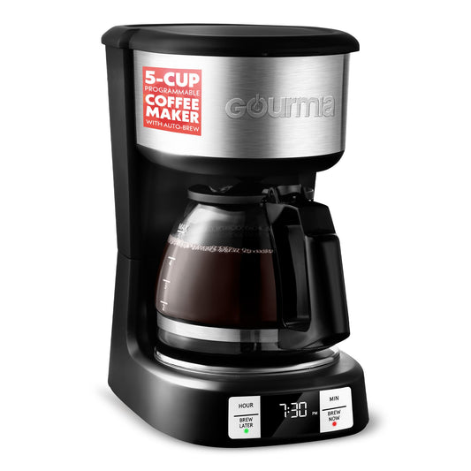 Gourmia GCM3518 5-Cup Programmable Drip Coffee Maker, Brew Later Timer, Adjustable 4-Hr Keep Warm, Pause & Serve, Freshness Timer, 700 W Compact Glass Carafe, EZ-View Water Window