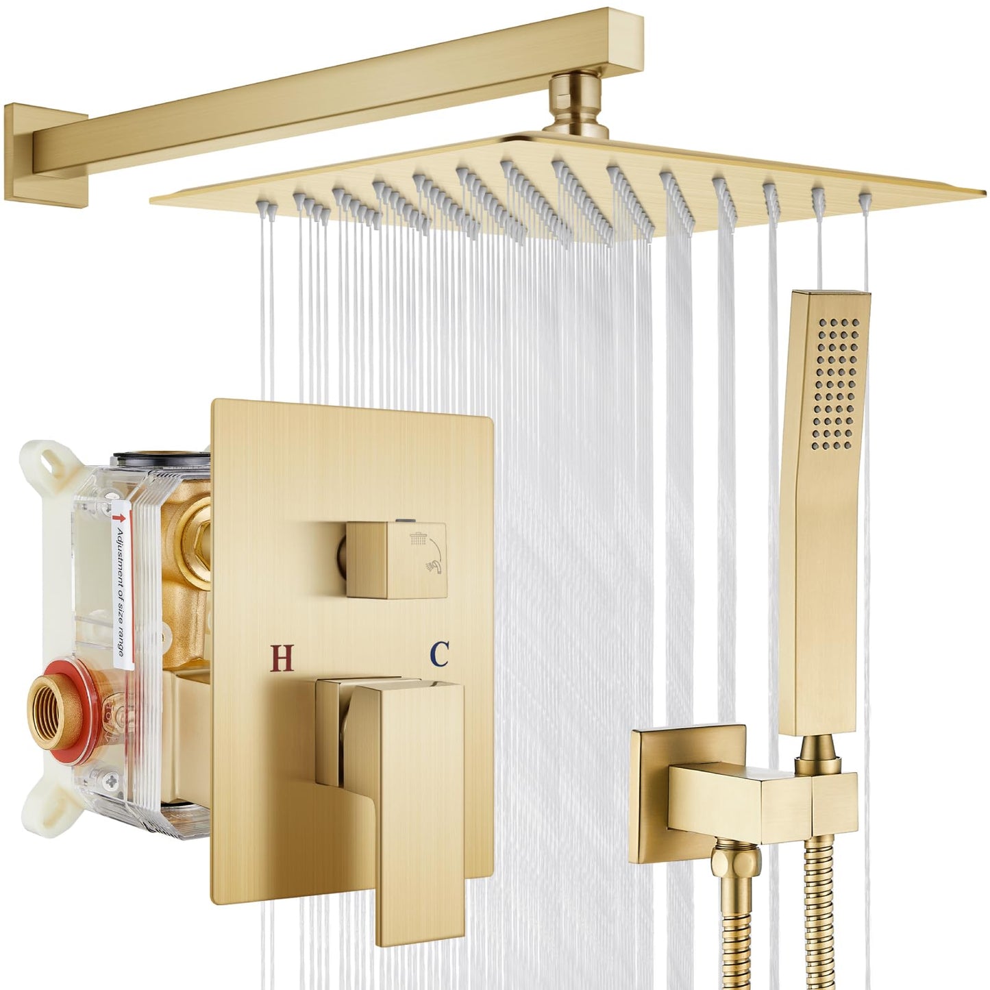gotonovo Rainfall Bathroom Shower System Rain Shower Head and Handle Set Wall Mounted Shower Complete Combo Solid Brass Pressure Balancing Shower Mixer Valve 10 Inch Brushed Gold