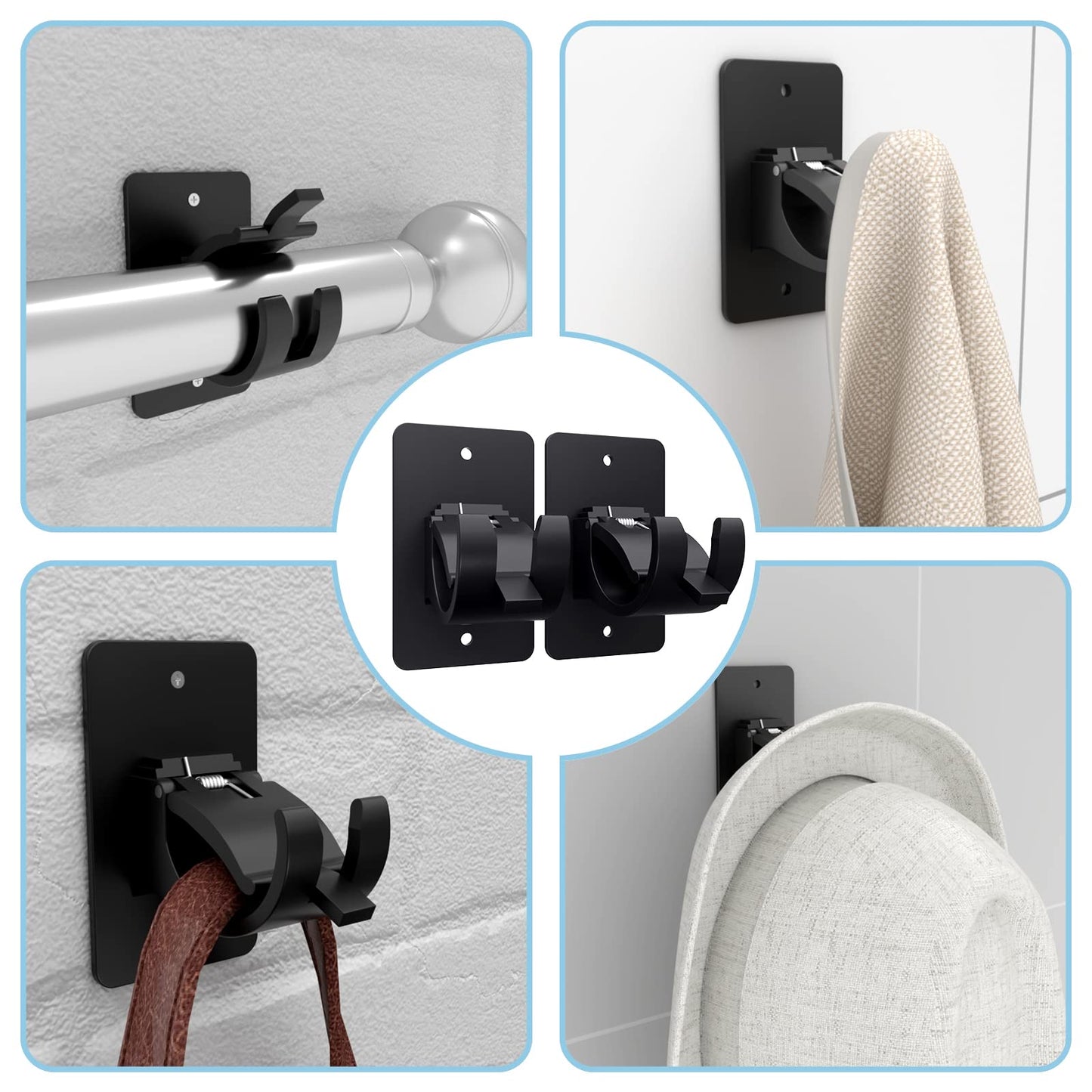 Wabboreq 4 Pieces Self Adhesive Curtain Rod Bracket, Universal Plastic Curtain Rod Holders, No Drill Curtain Rod Brackets Curtain Rod Hooks for Bathroom, Bedroom, Livingroom, Kitchen (Black)