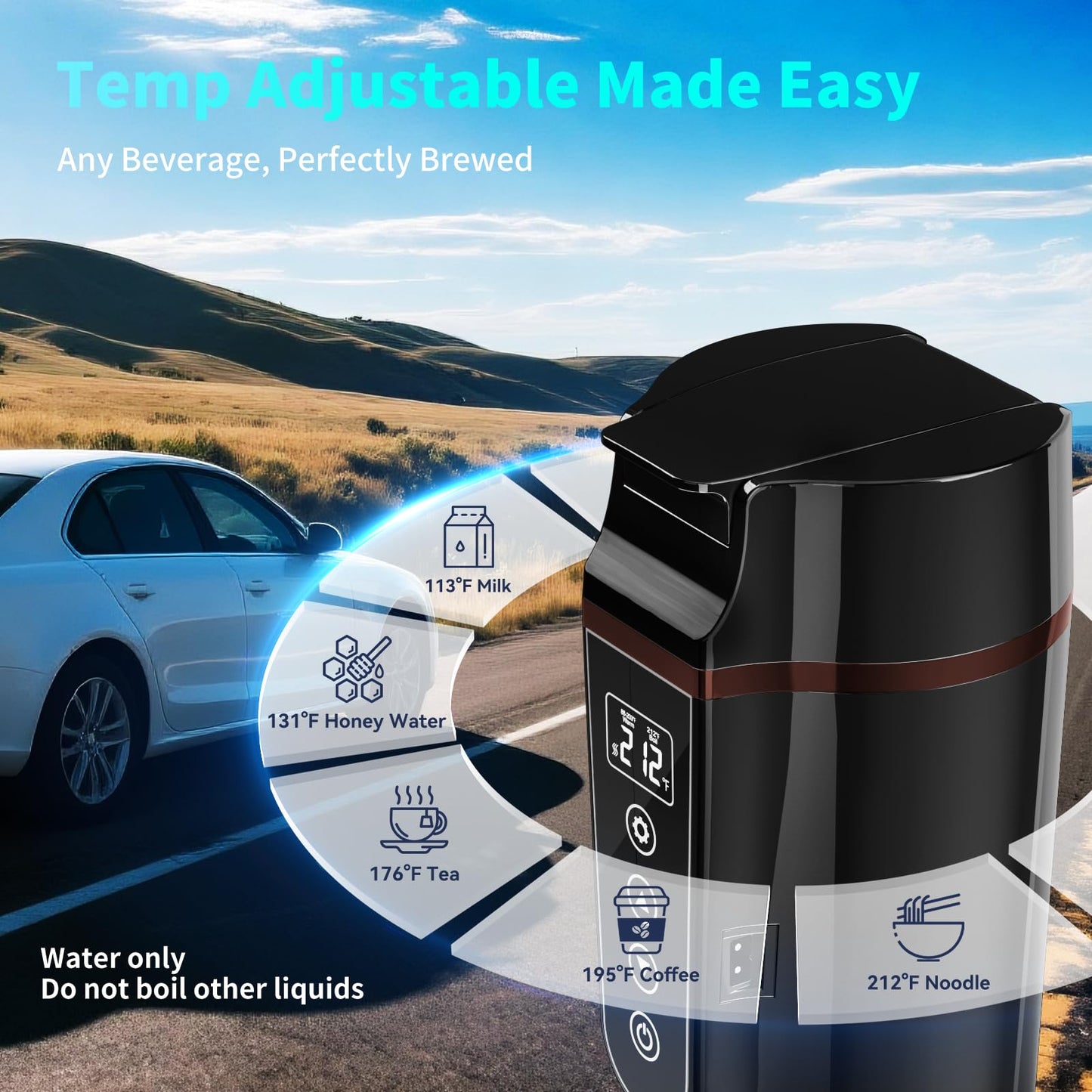 Car Electric Kettle for Travel : FVPE 12V/24V Small Electric Water Kettle, Multi-Temp Control 400 mL Portable Car Water Boiler for Brewing Coffee Tea,LCD Display 304 Stainless Steel Truck Heating Cup