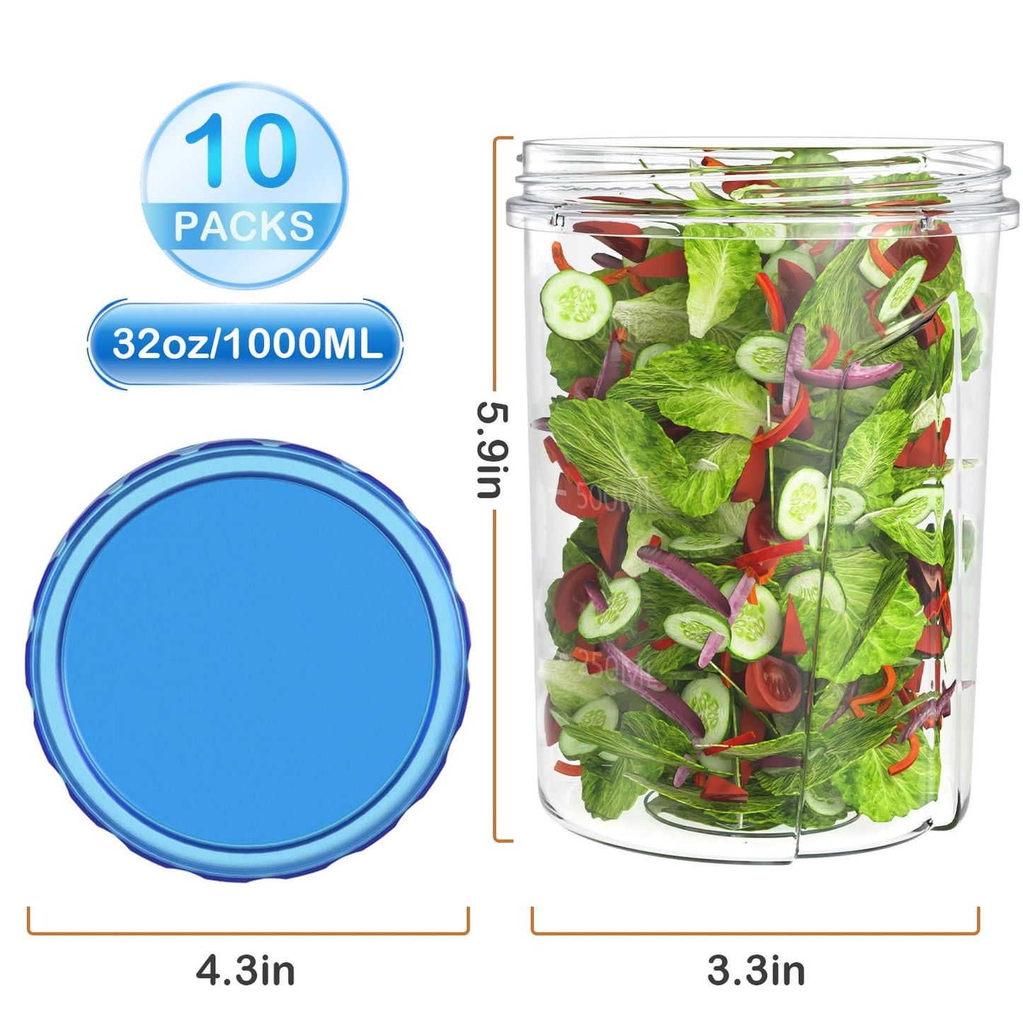 [32 oz 10 Pack] Food Storage Freezer Containers Clear Bottom with Blue Twist Top Lids Reusable, Plastic Airtight Meal Prep Containers BPA Free | Stackable | Leakproof | Microwave/Dishwasher Safe