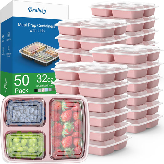 50 Pack (100-Piece) 32 oz Meal Prep Containers Reusable with Lids 3-Compartment, To Go Take Out Plastic Food Storage Containers, Sturdy Leakproof Food Safe, Microwave Freezer Dishwasher Safe, Pink