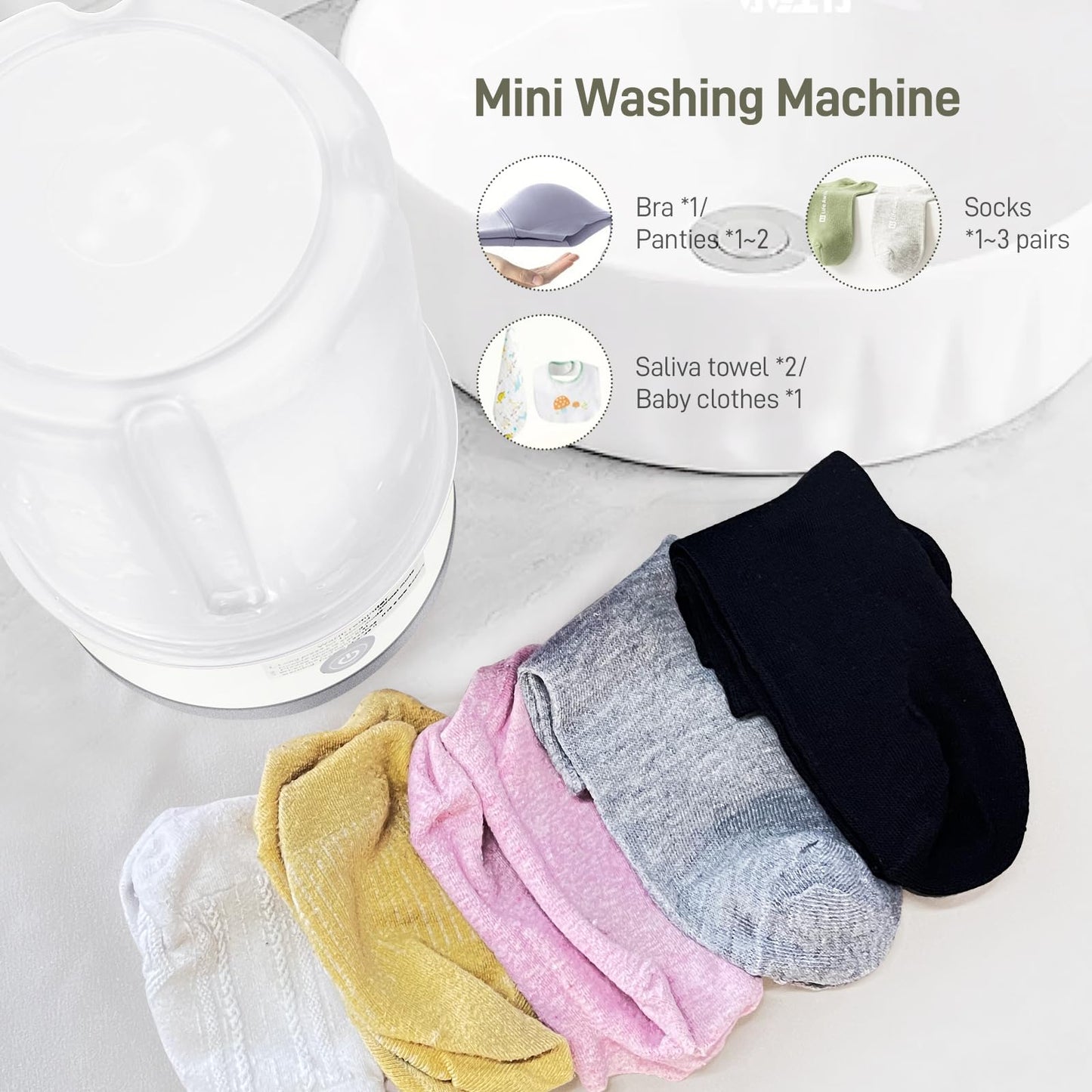 Underwear Washing Machine, Portable Mini Washing Machine | Compact Deep Cleans Underwear, Baby Clothes, Small Laundry | Lightweight for Apartment, Dorm, Hotel, Travel & Camping(White)