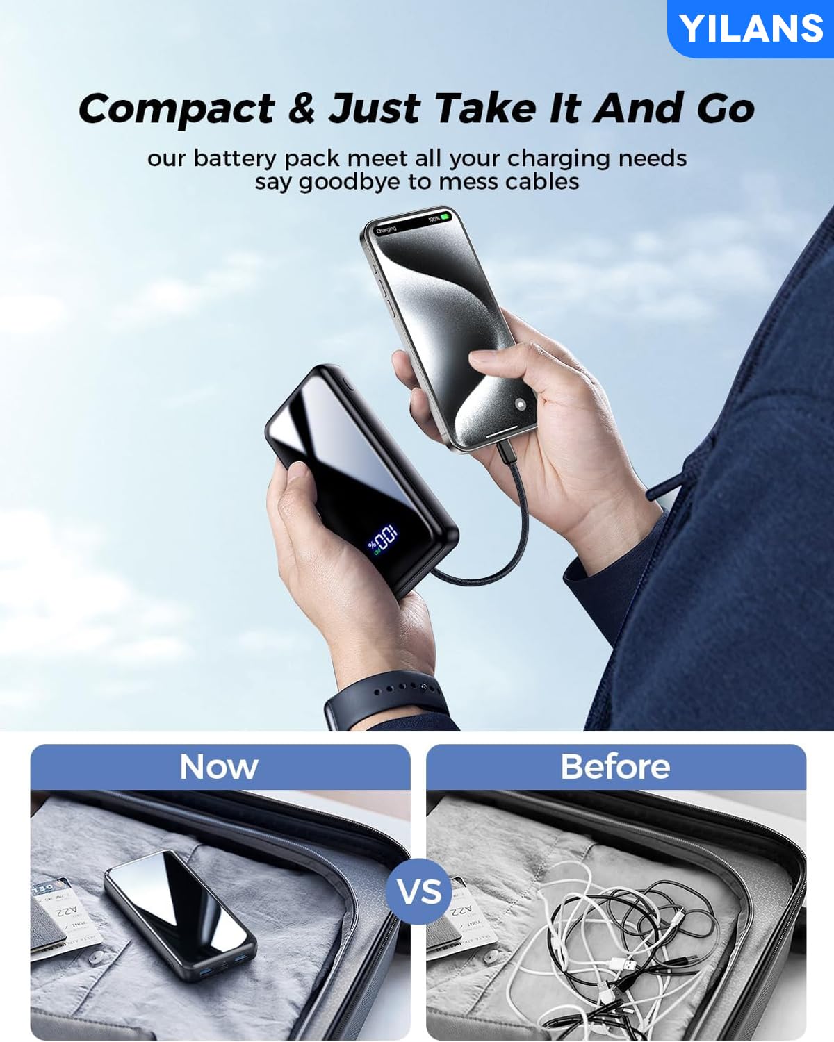 Portable Charger,42800mAh Power Bank Built-in Cable,22.5W PD USB C in & Out Fast Charging, External Battery Pack 6 Output & 2 Input, Travel Phone Charger for iPhone 16/15/14/13/12, Android (Black)