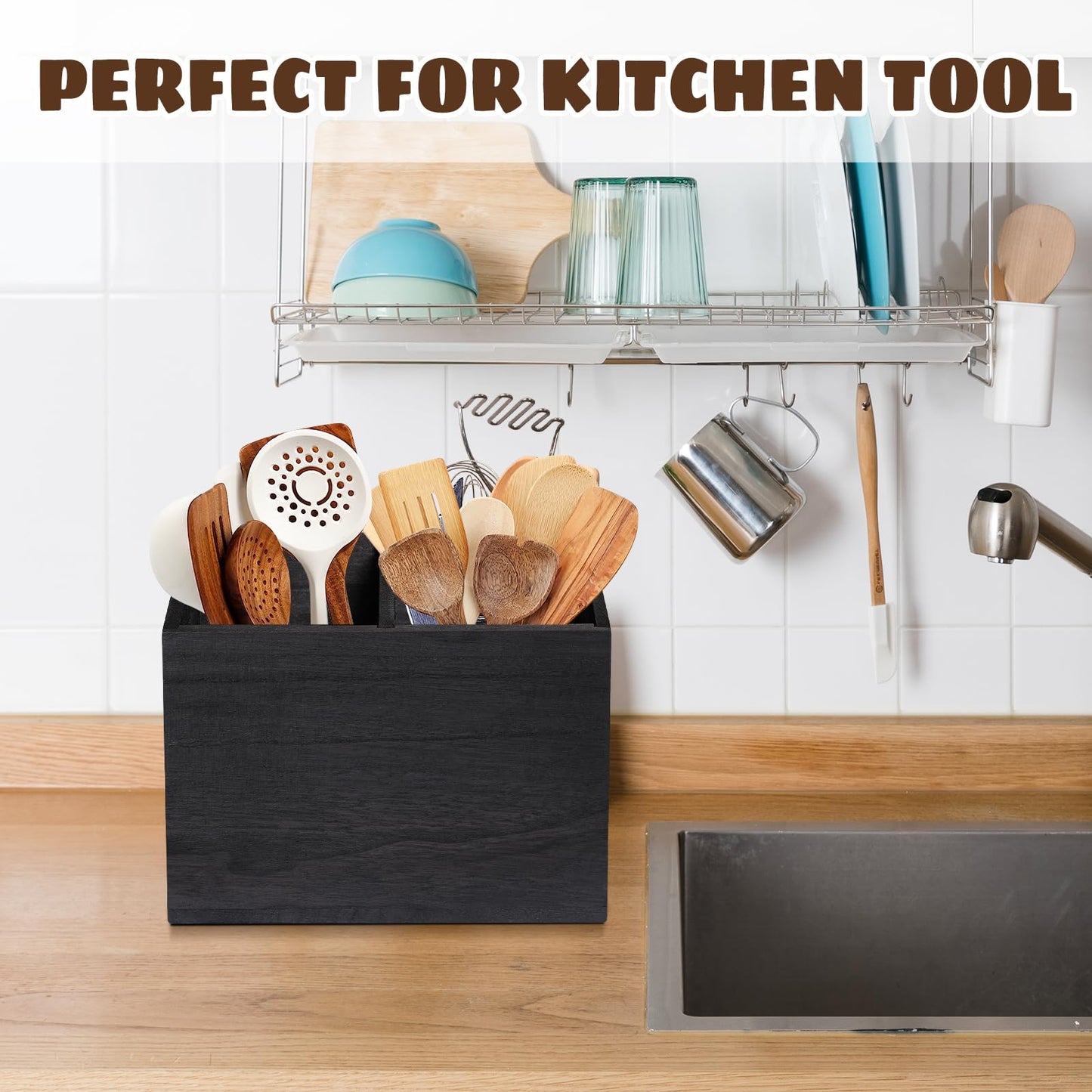 Wooden Kitchen Utensil Caddy With 2 Compartments, Rustic Utensil Holder for Kitchen Countertop, Wood Utensil Crock Organizer Box for Farmhouse Kitchen Decor (black)