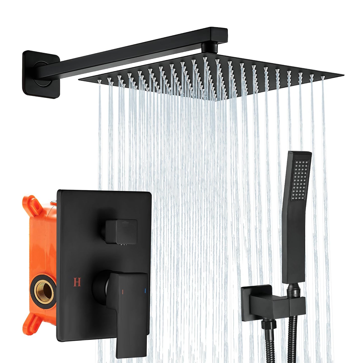 BALLEERUN Shower Faucet Kit 10-Inch Matte Black Showerhead and Handle Kit Bathroom Deluxe Rain Shower Combo Kit with Square Rain Showerhead and High-Pressure Handheld Sprayer Shower Valve