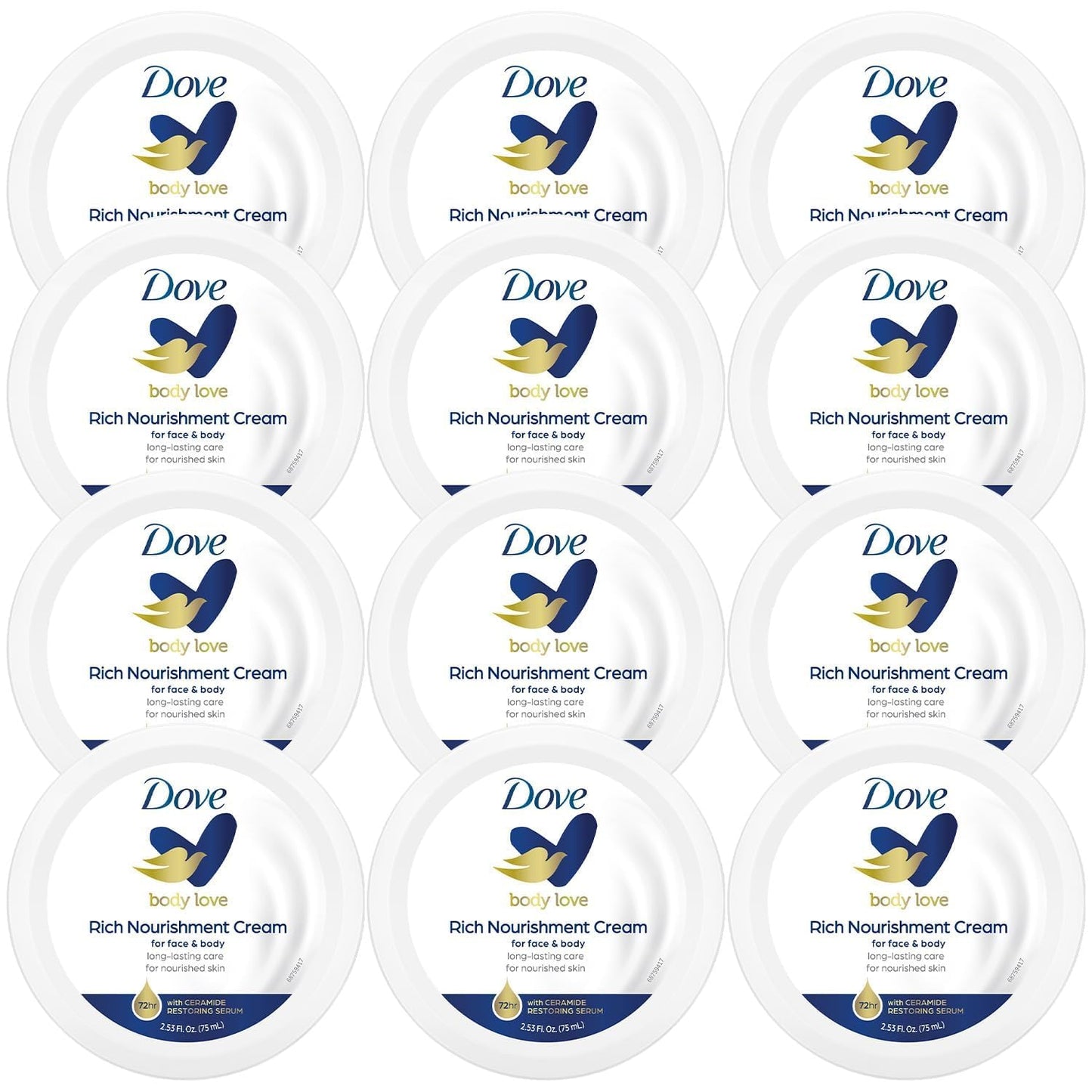Dove Body Love Rich Nourishment Cream, Face, Hand & Body Lotion for Extremely Dry Skin, Fast-Absorbing 72-Hour Moisturizing Cream with Ceramide Serum, Travel Size, 2.53 Oz (Pack of 12)